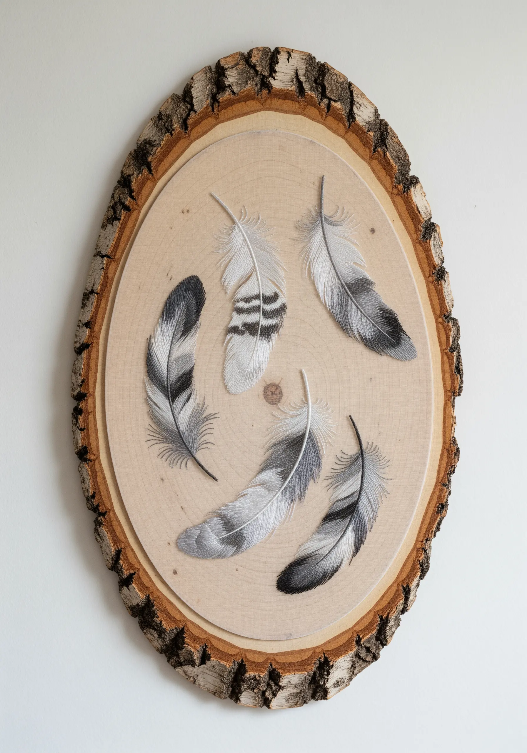 Realistic feathers embroidered on sheer organza, mounted over a natural wood slice with bark.