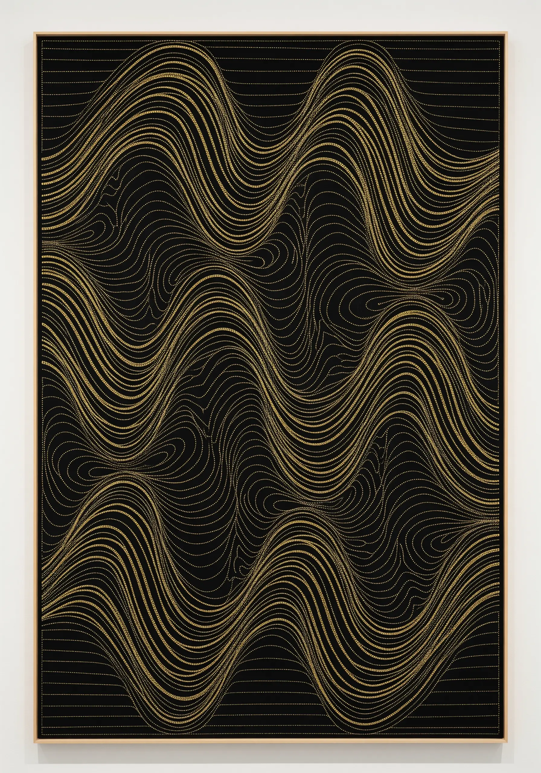 An optical illusion pattern of wavy lines made from tiny gold dots on black fabric.