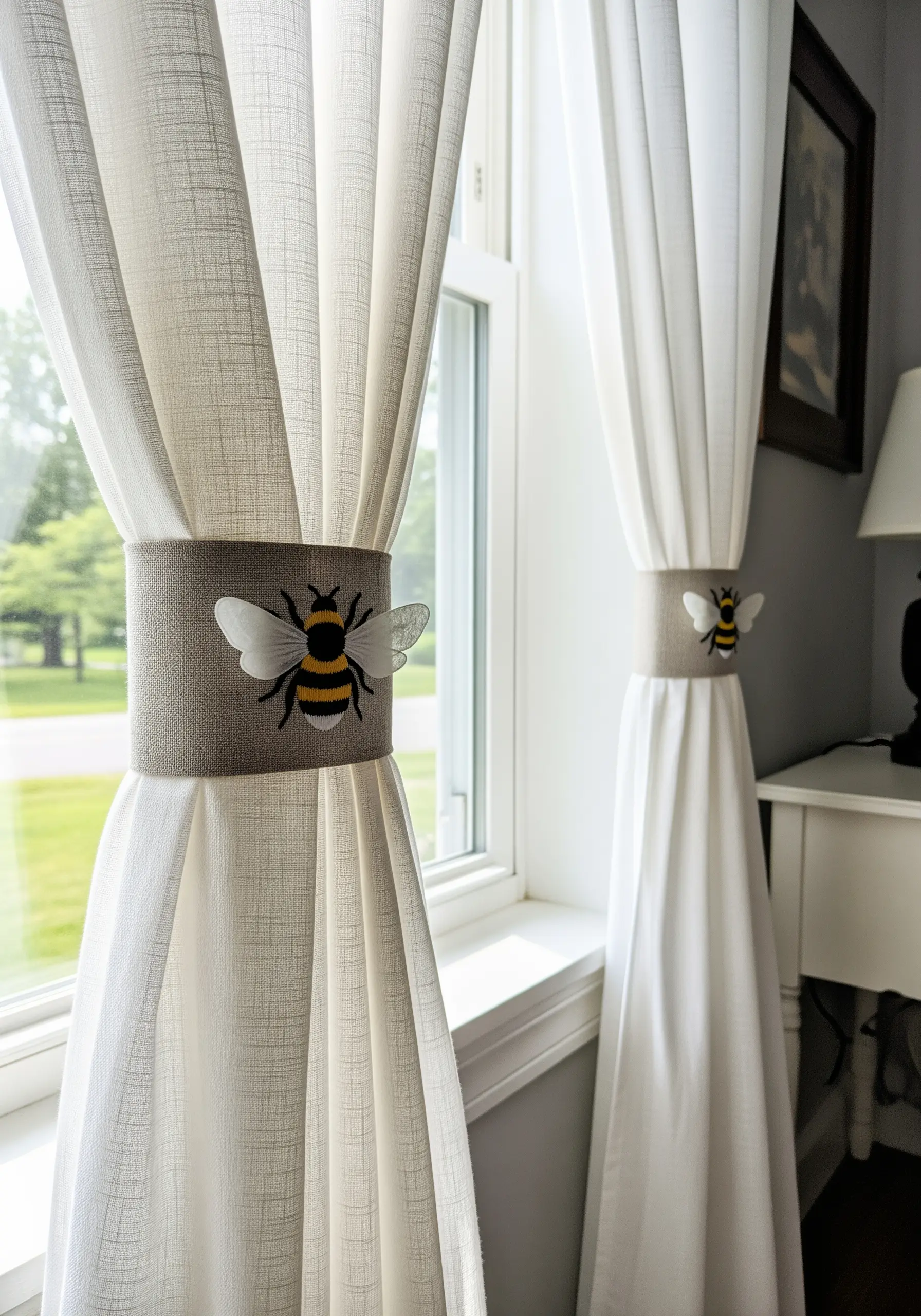 Embroidered bee with sheer, 3D organza wings on a linen curtain tie-back.
