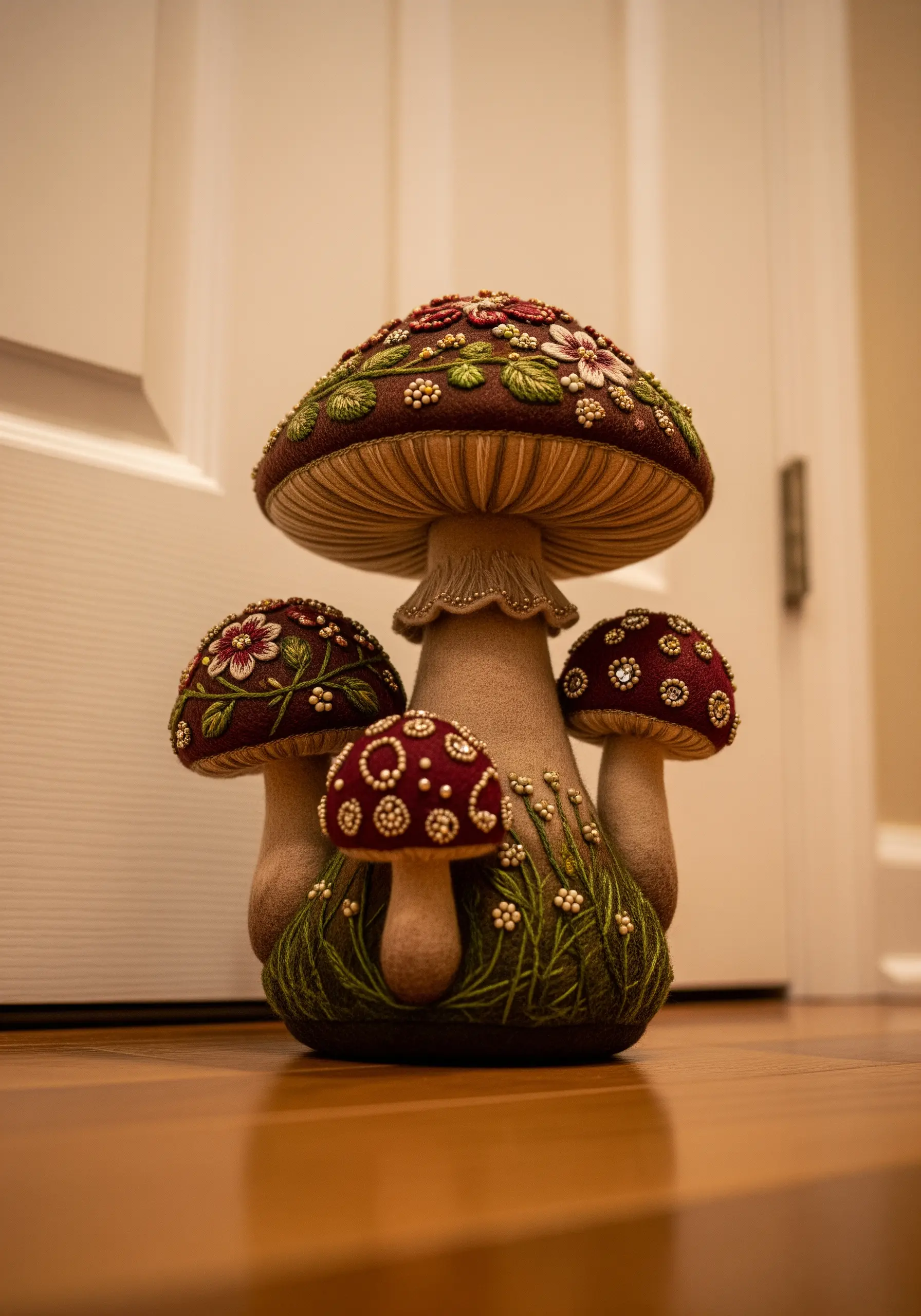 A freestanding 3D sculpture of a cluster of mushrooms, embellished with embroidery and beads.