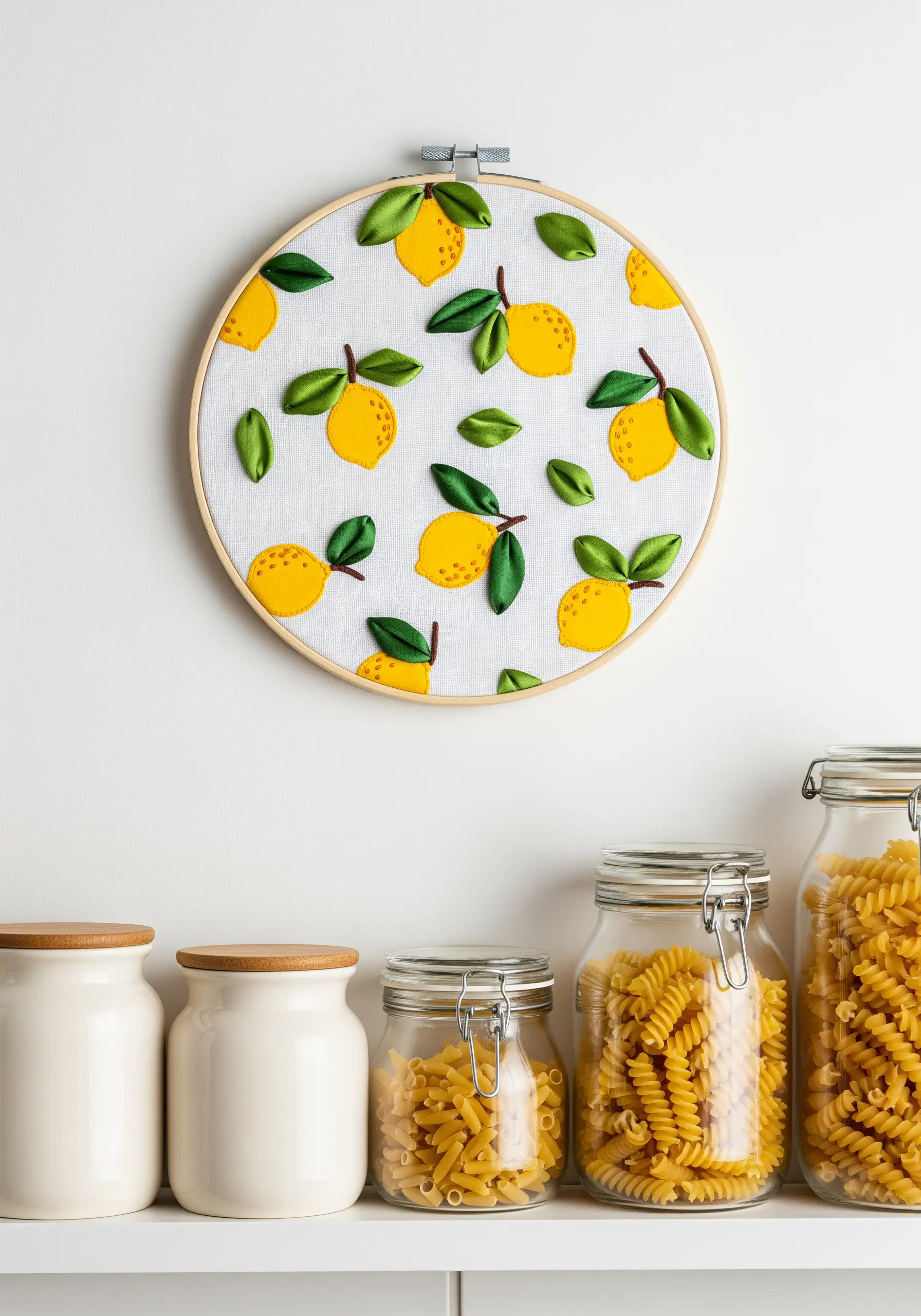 Embroidery hoop with lemons and leaves created with 3D ribbon embroidery.
