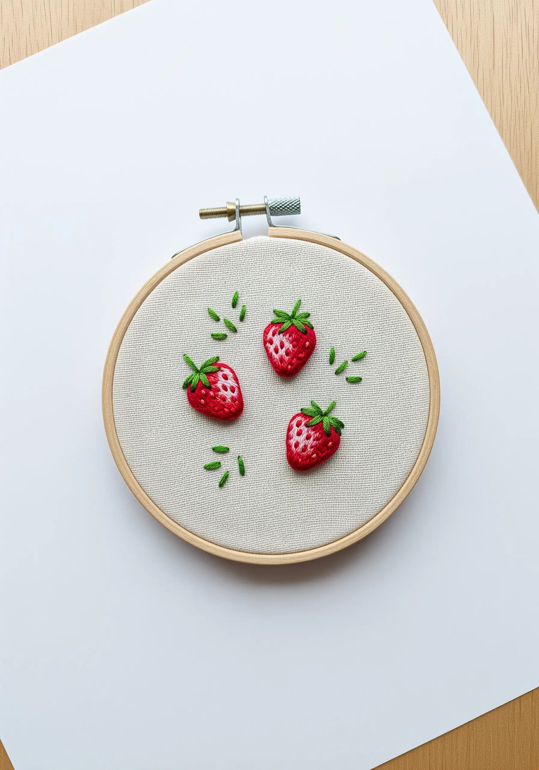 Three small, detailed strawberries embroidered in a hoop with green leaves.