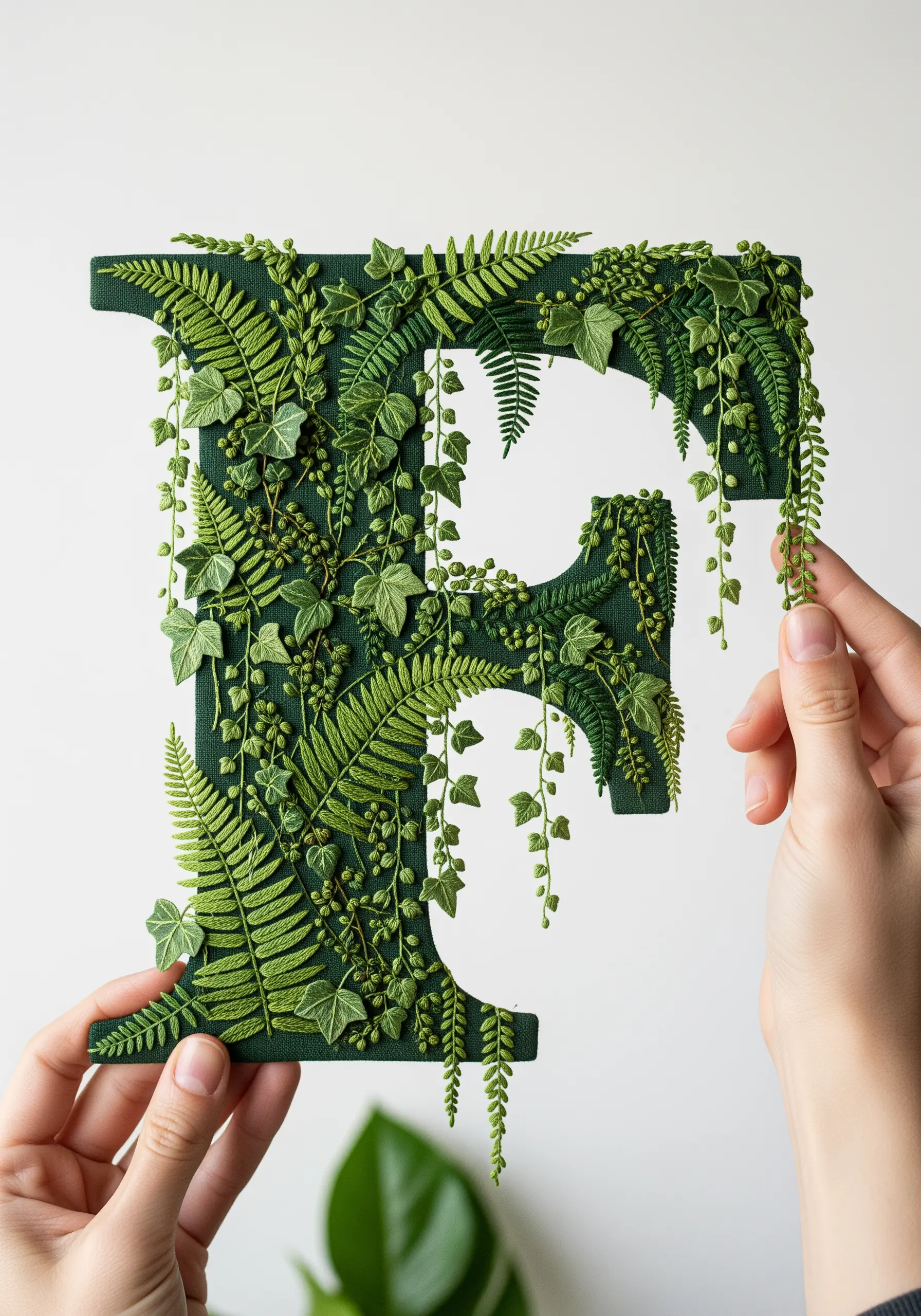 A 3D embroidered letter F covered in cascading ivy and fern leaves that extend beyond the fabric.