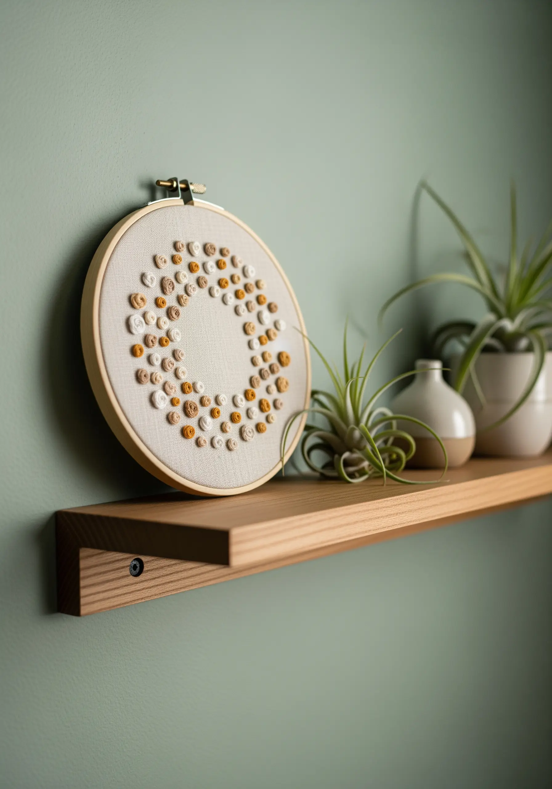 Abstract wreath made of raised woven picot stitches in mustard, rust, and cream.