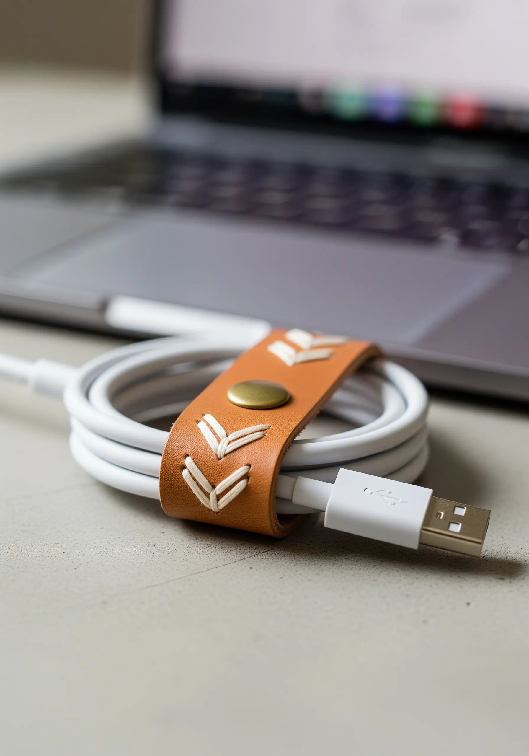 A brown leather cable tie with a chevron pattern stitched in off-white thread, wrapping a USB cable.