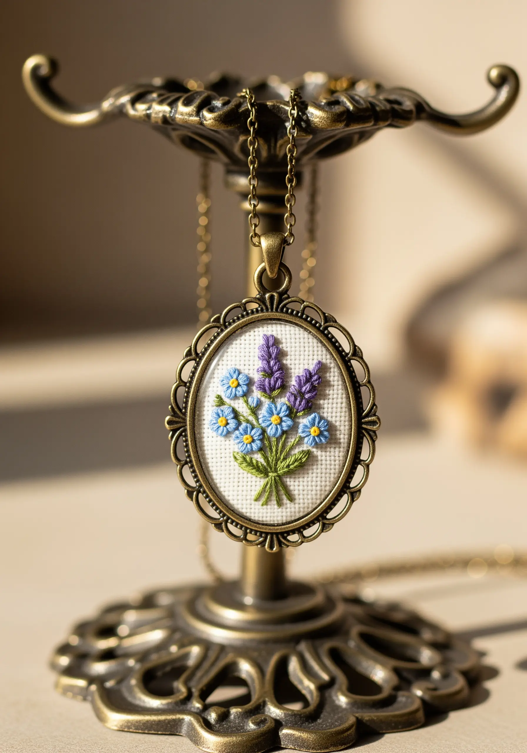 A close-up of an oval pendant necklace featuring a micro-embroidered bouquet of lavender and forget-me-nots.