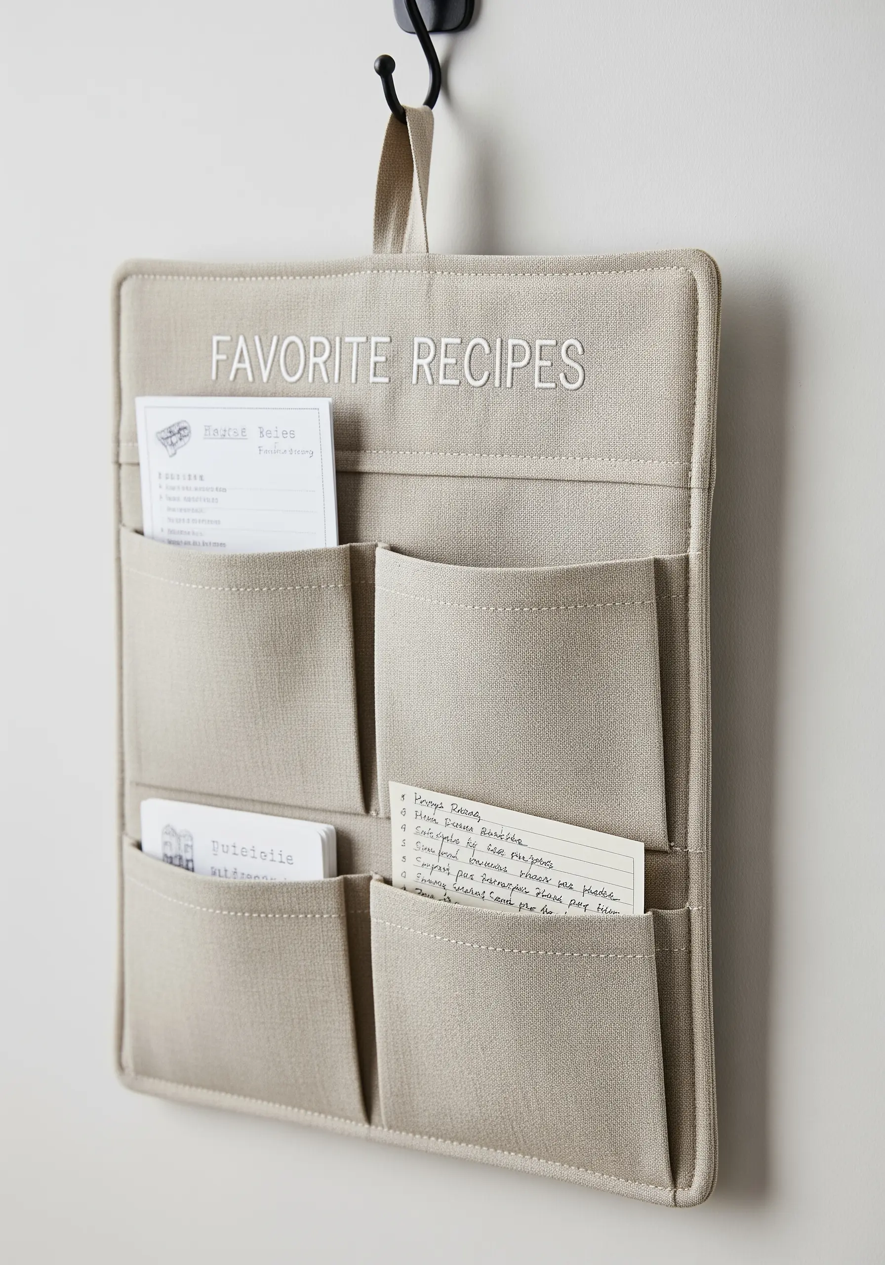 A hanging fabric organizer with 'Favorite Recipes' embroidered in a subtle, tone-on-tone style.
