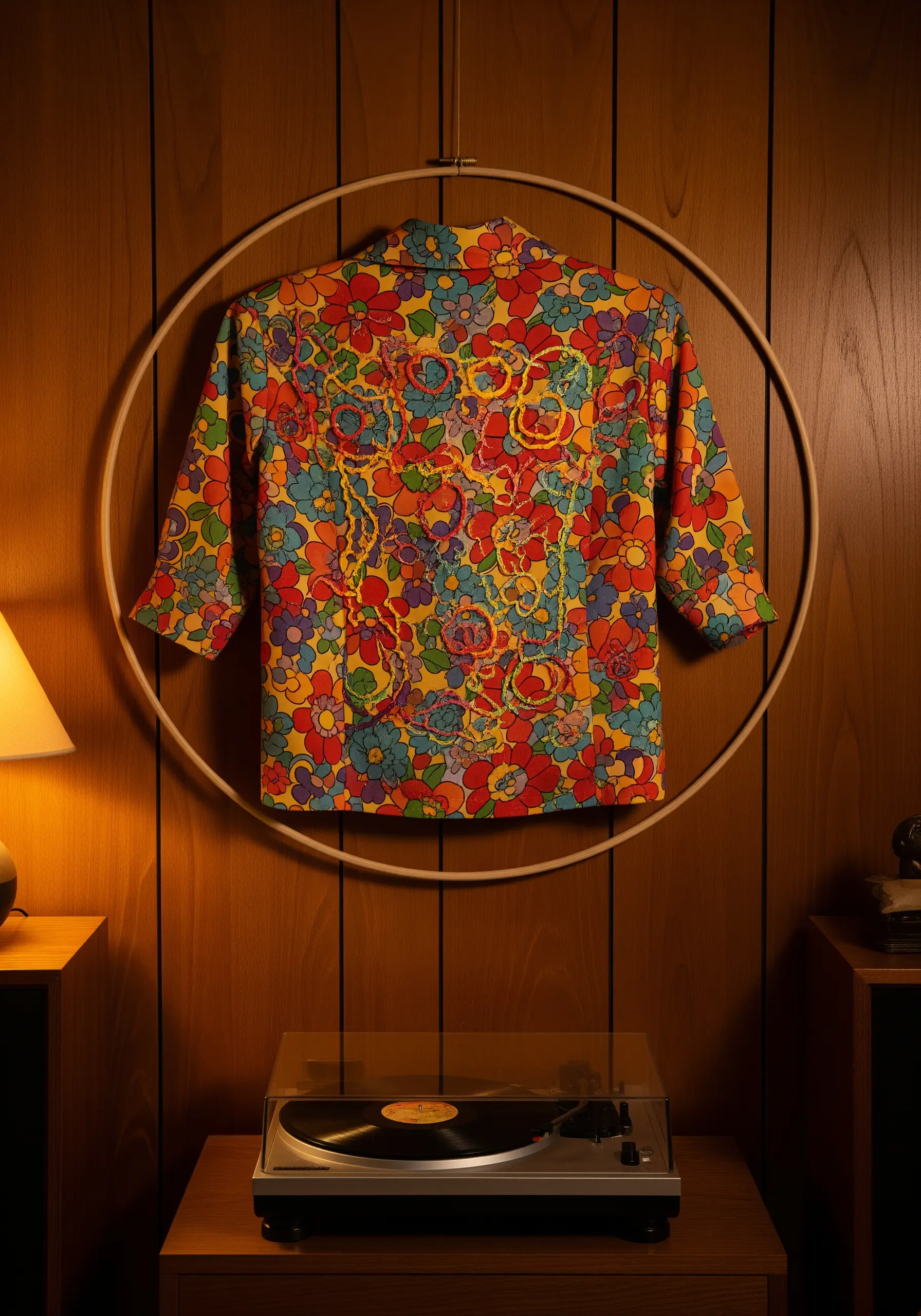 A brightly patterned 1970s-style shirt with subtle, swirling embroidery that follows the fabric's design.