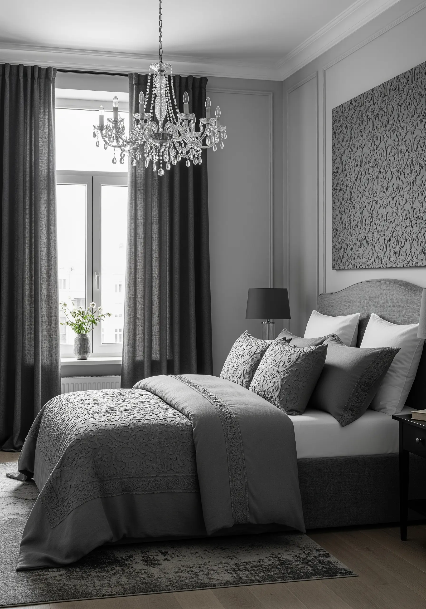 A monochrome gray bedroom with bedding and wall art featuring intricate, tone-on-tone baroque embroidery.