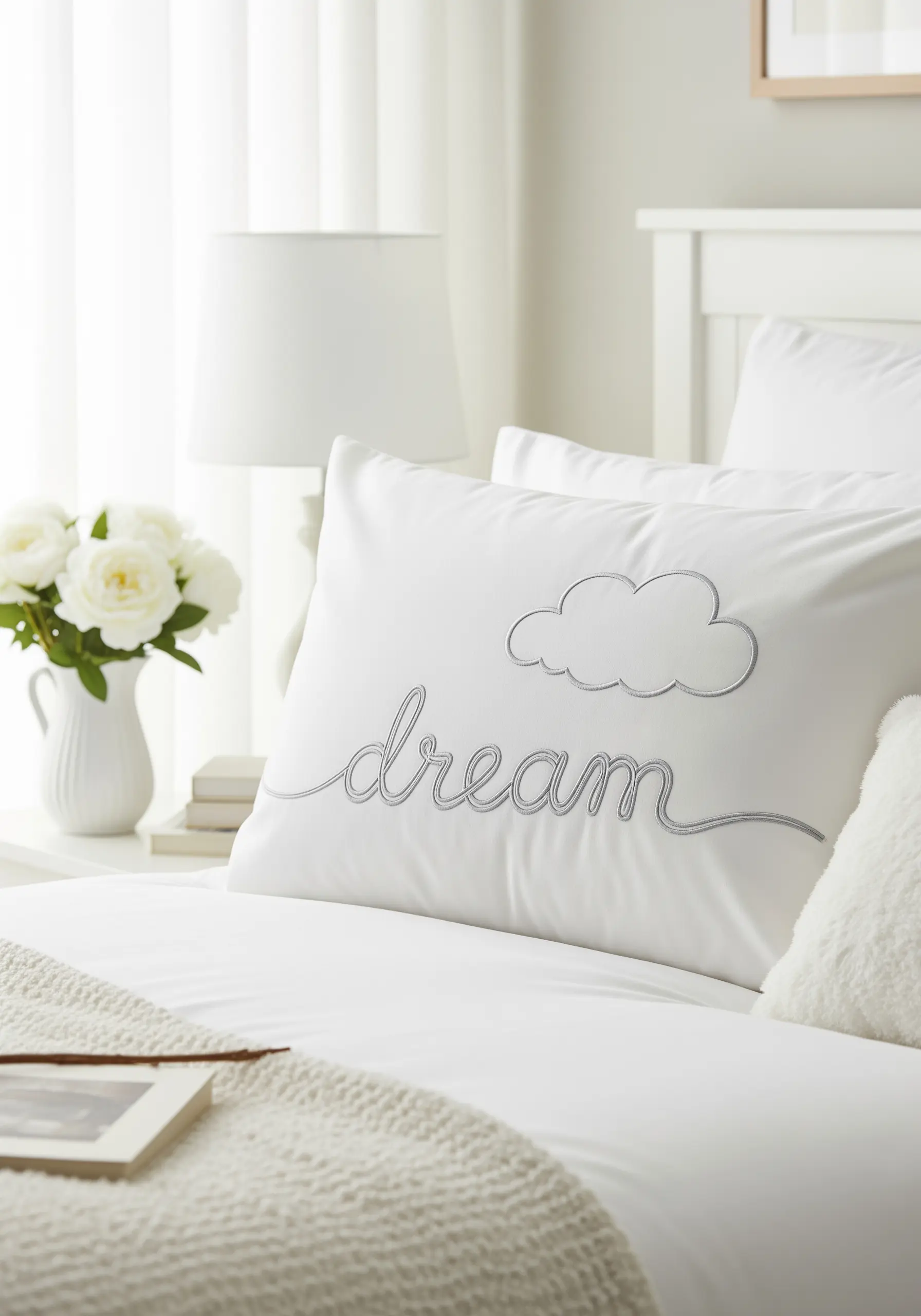 The word 'dream' and a cloud embroidered in light grey thread on a white pillowcase