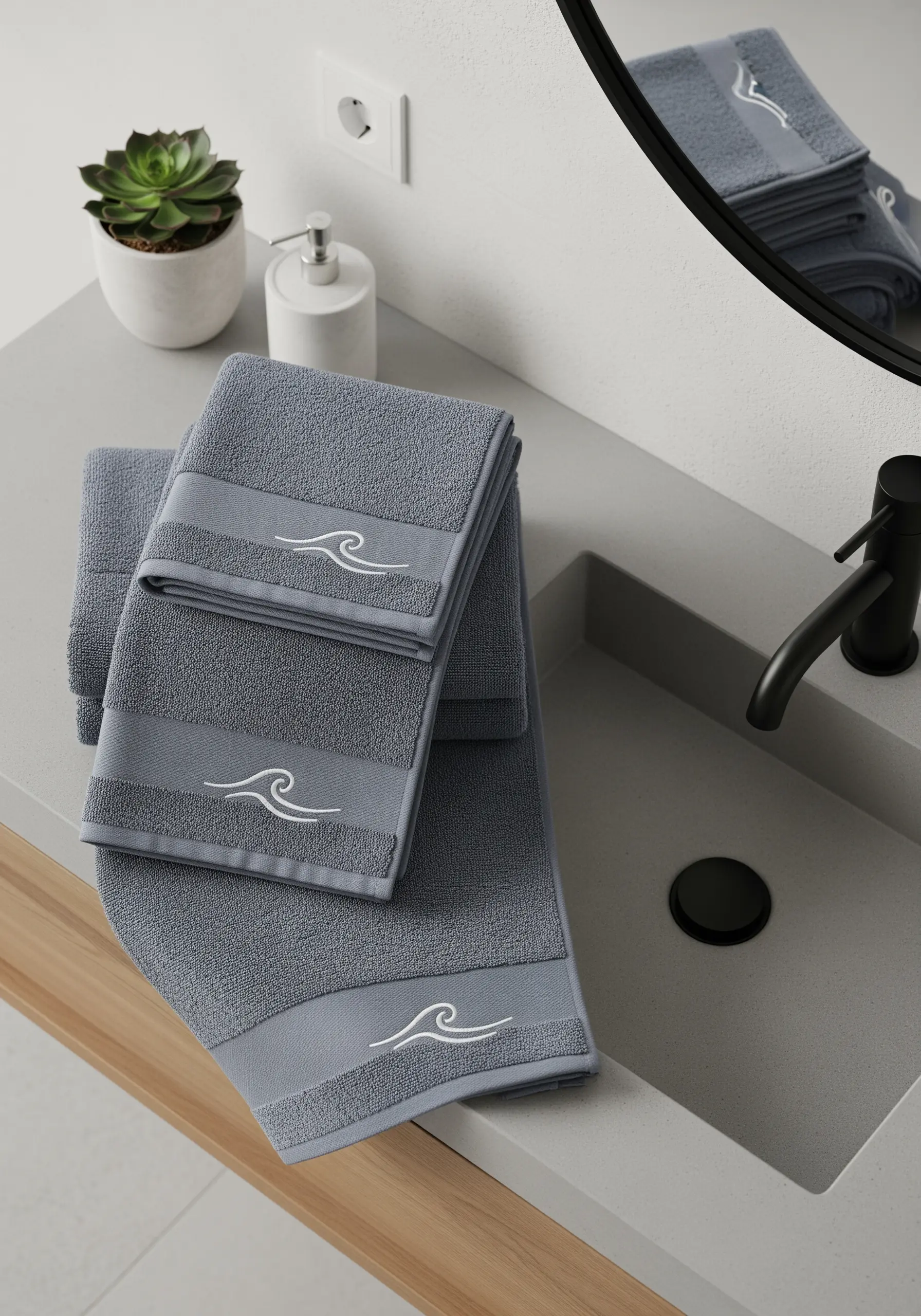 Subtle white wave motif embroidered on the decorative band of a grey towel.