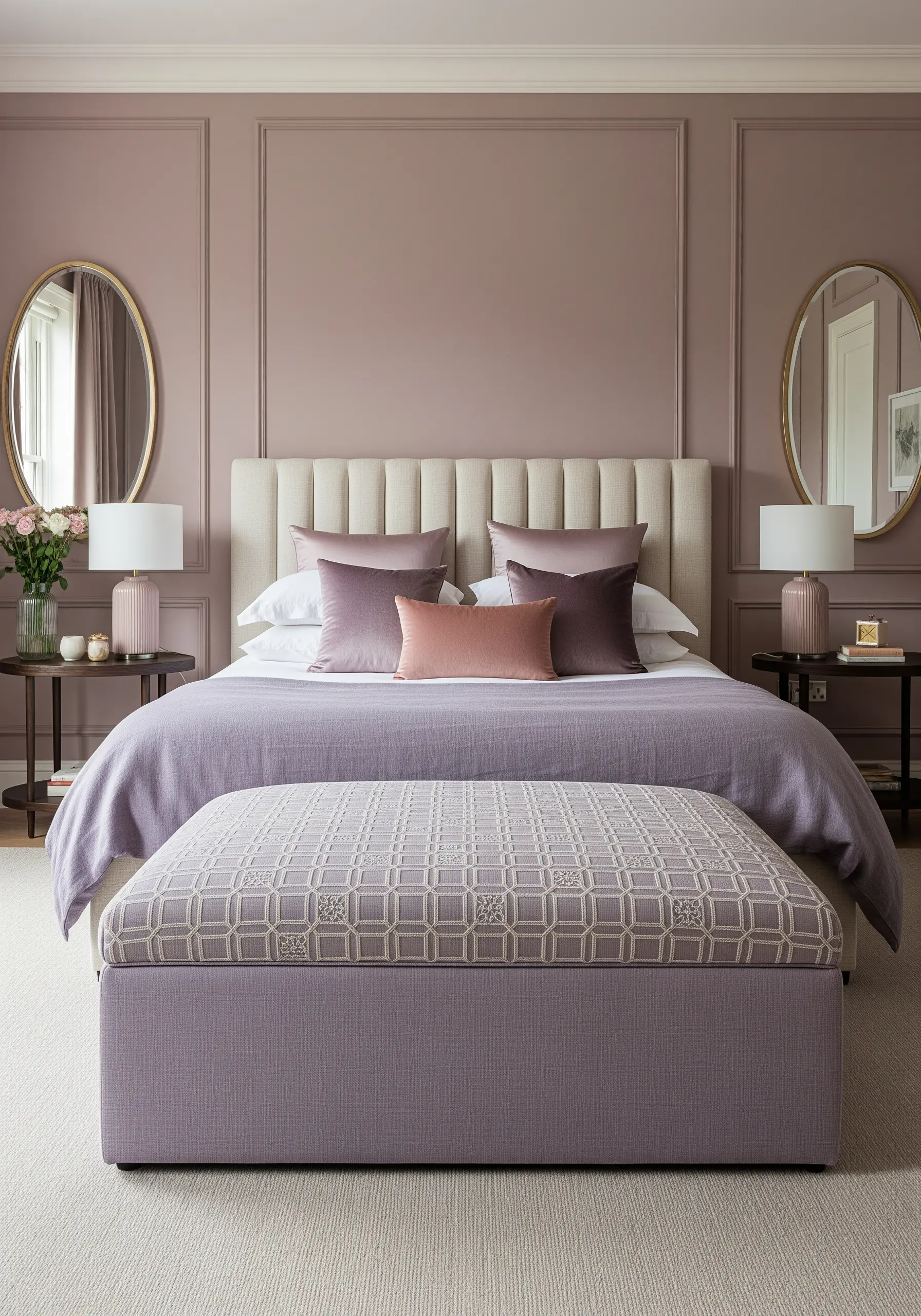 A lavender upholstered bench with a subtle, tone-on-tone geometric embroidery pattern.