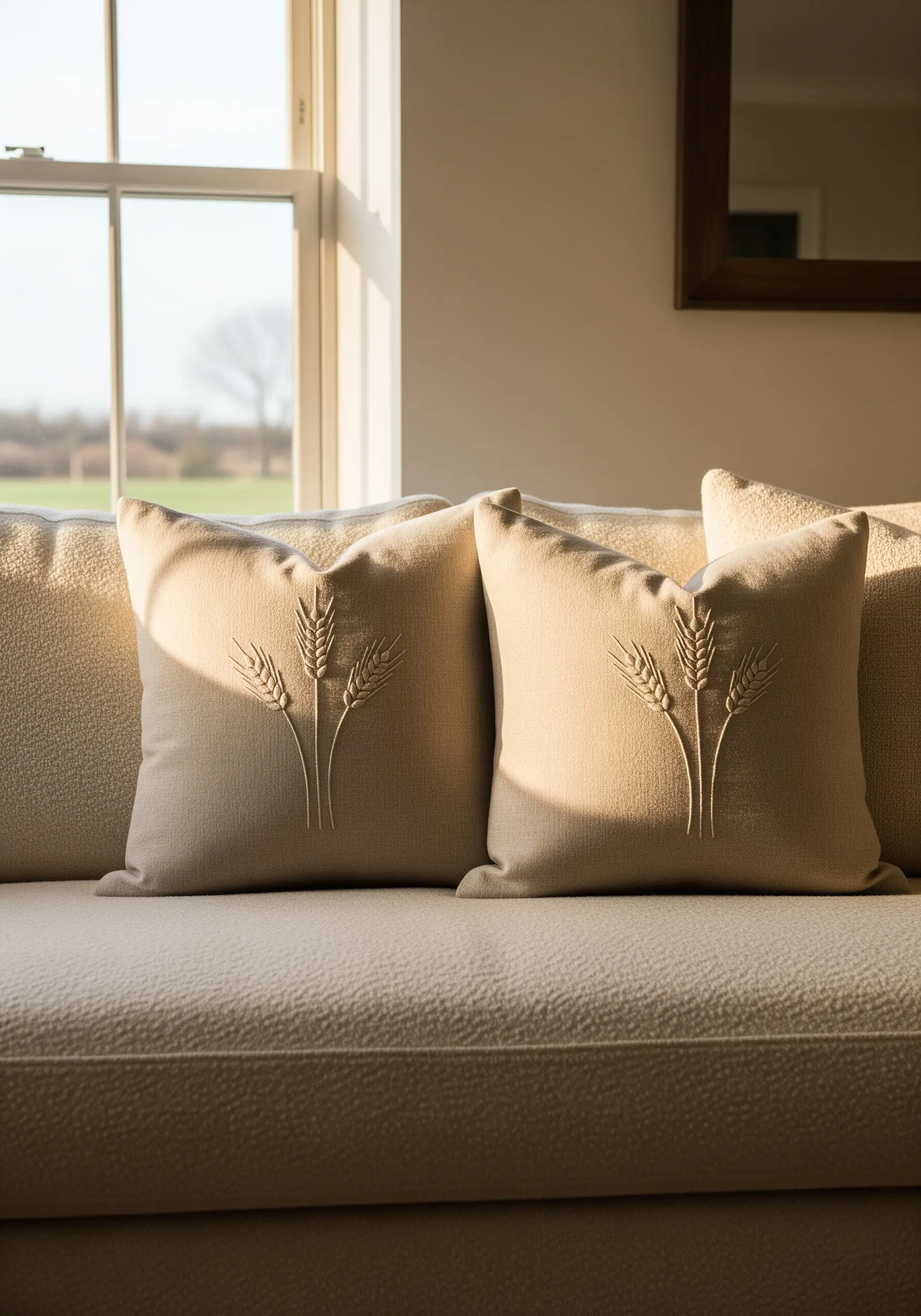 Raised satin stitch wheat sheaf design on a cream linen pillow.