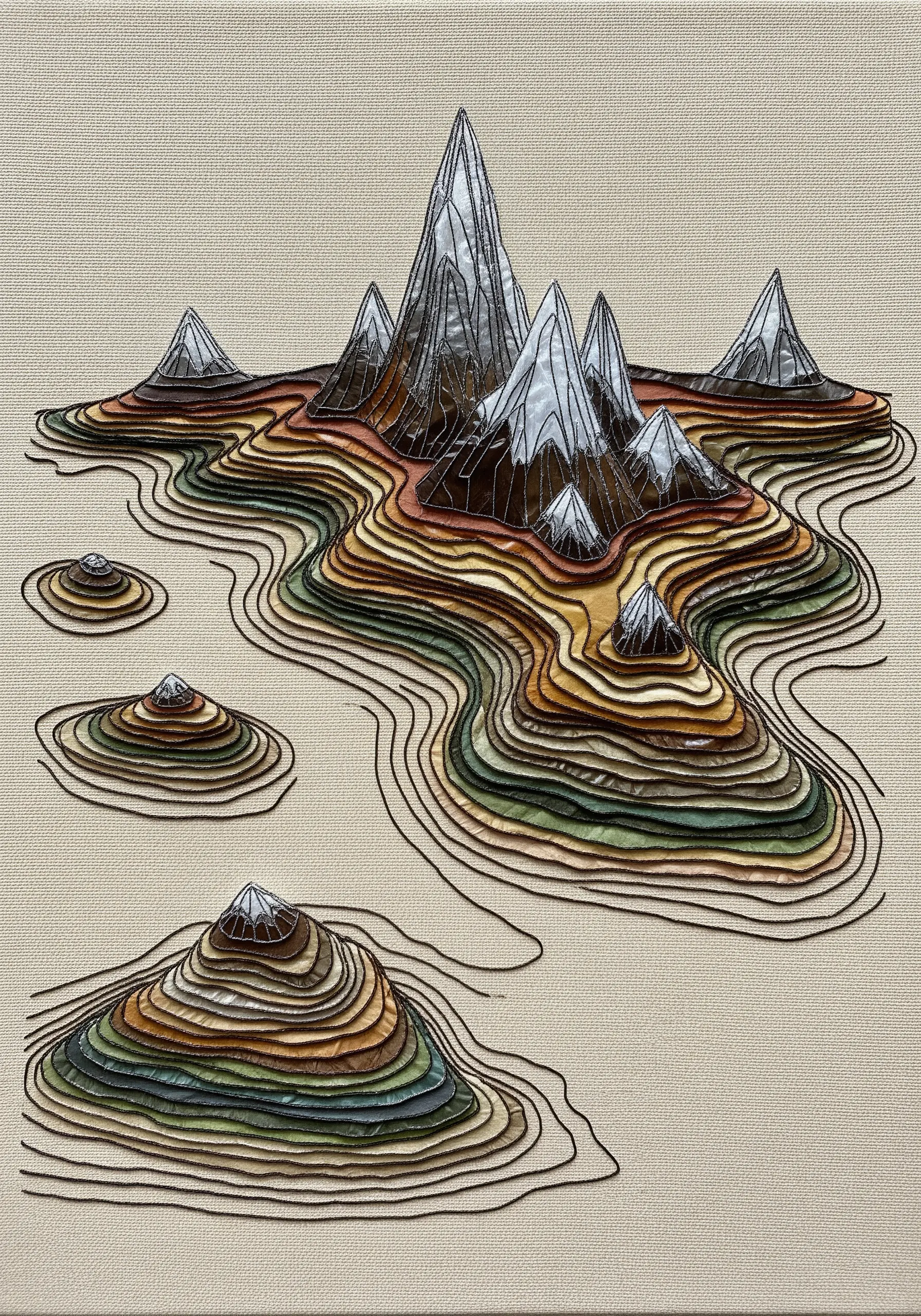 A topographic map created with layered colored fabrics and outlined with black and metallic thread.