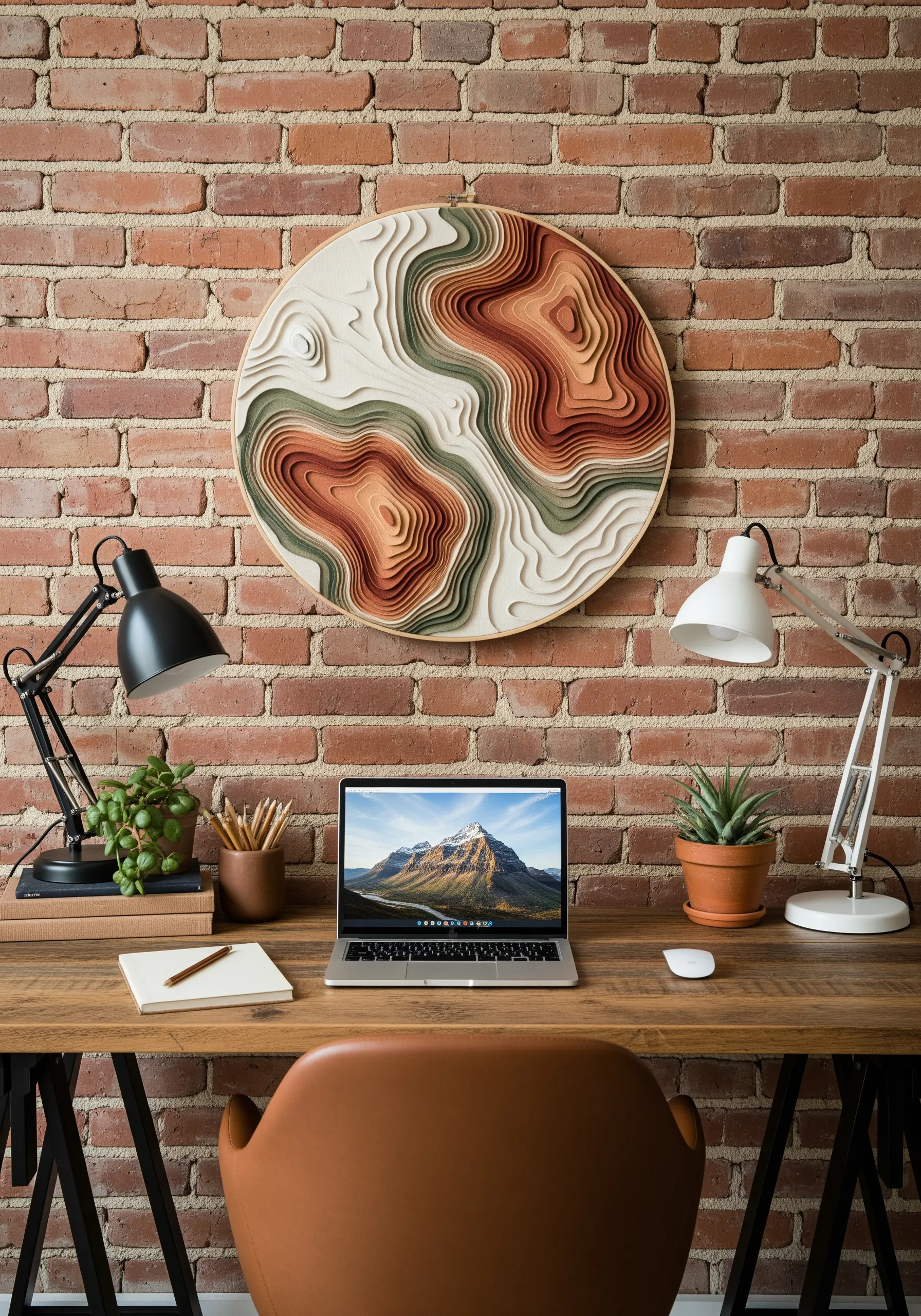 Large circular wall art with layered felt creating a topographic map effect in earth tones.