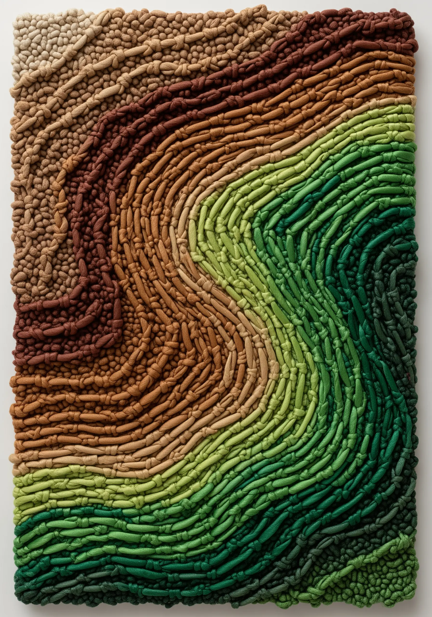 A dense, contoured surface of earthy green, brown, and tan textural stitches.