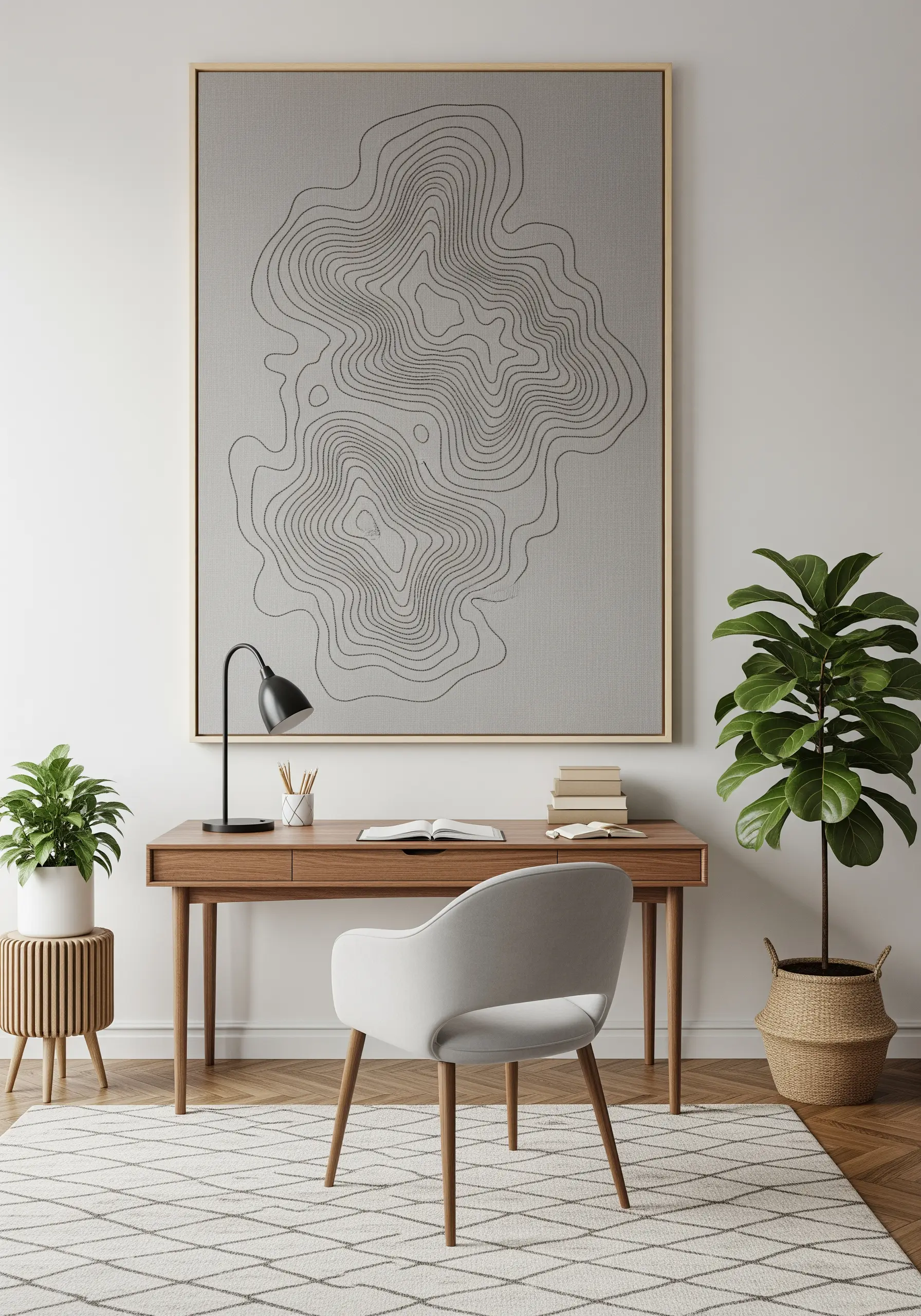 Large framed embroidery of a topographical map stitched in fine black backstitch.