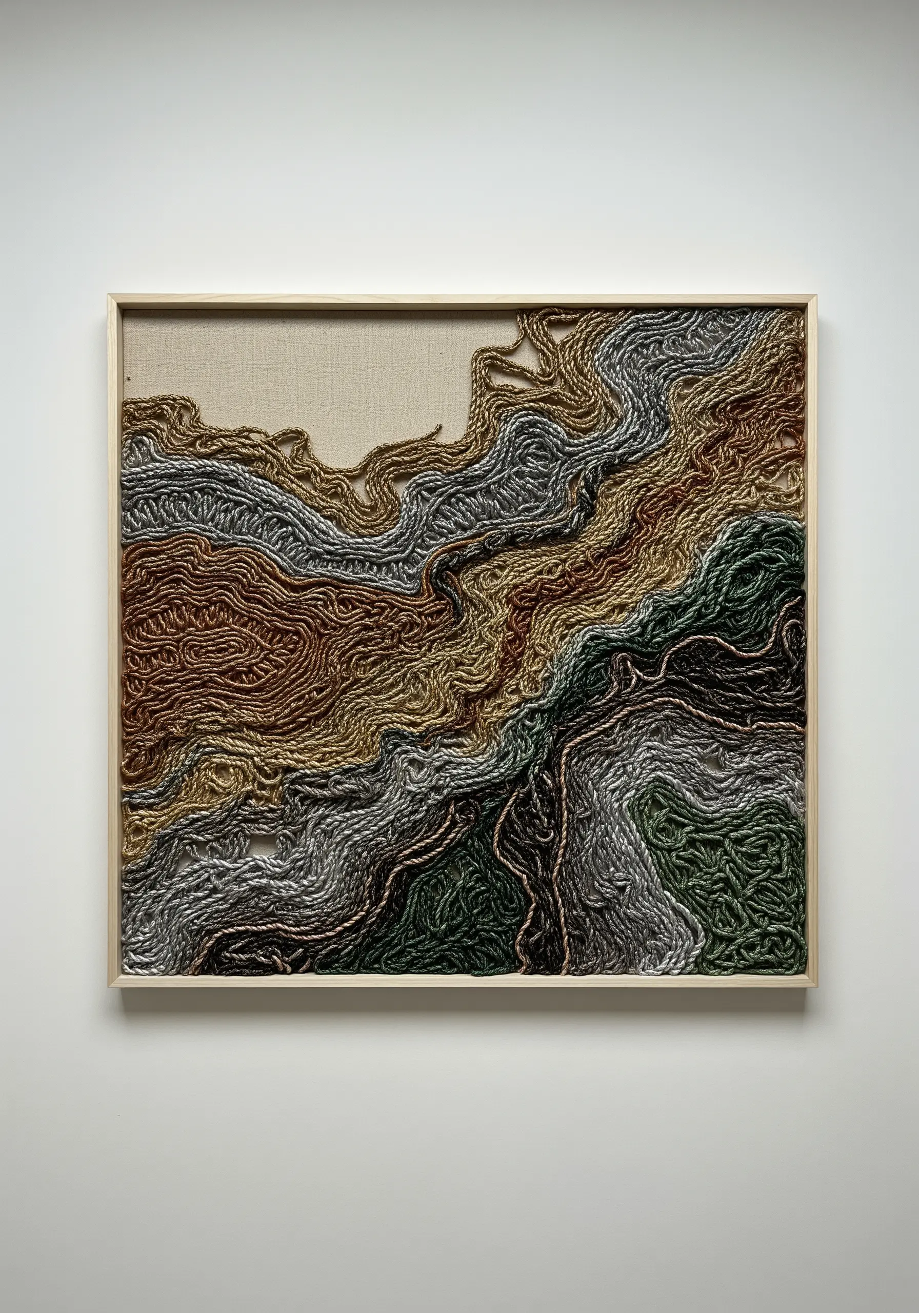 Abstract topographical landscape using thick, couched metallic and matte yarns.