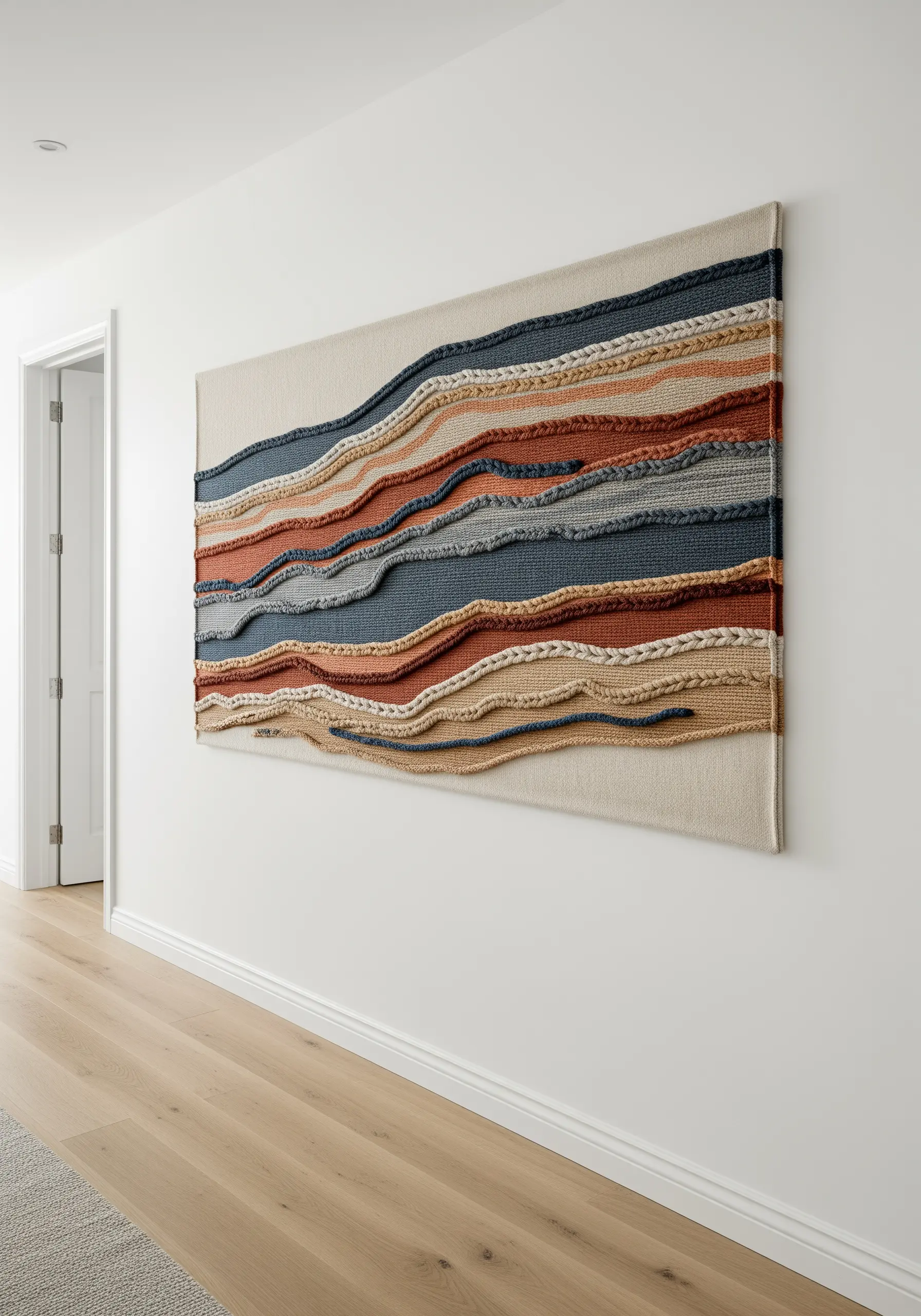 A textural wall hanging with wavy, horizontal layers of braided and woven fibers in earth tones.