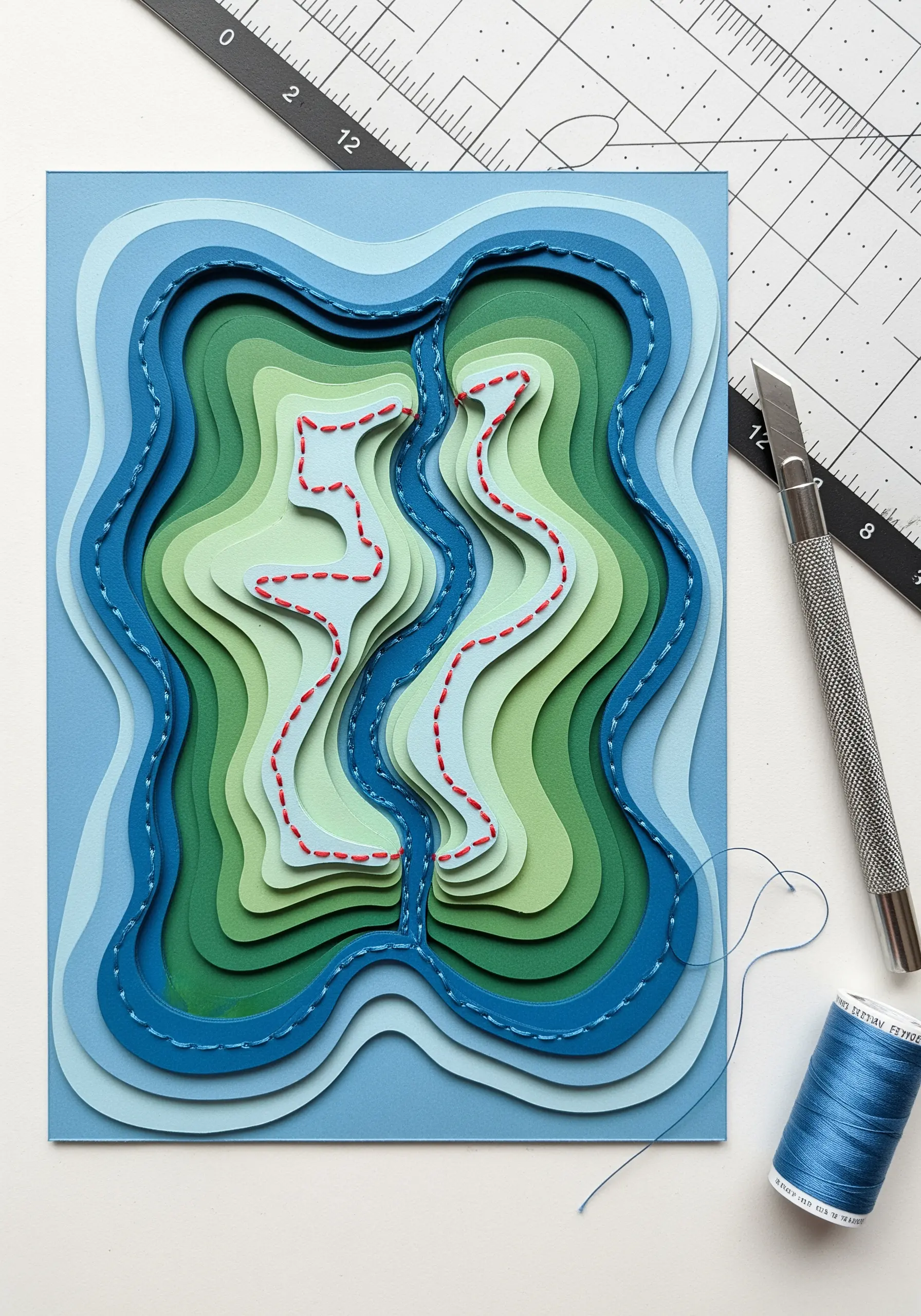 A 3D topographical map made of layered paper with red and blue stitched trails.