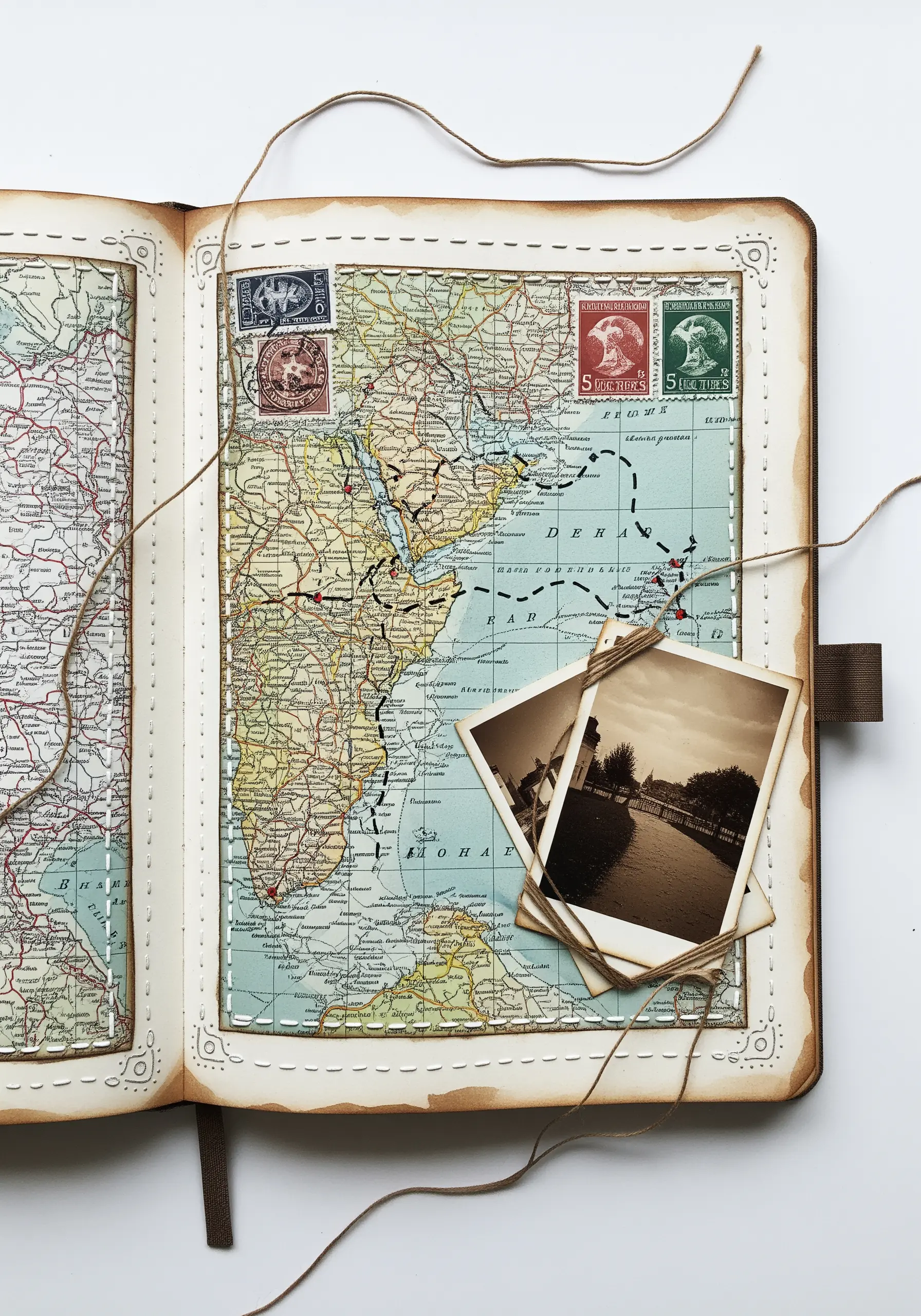 A vintage map in a journal with a travel route marked by black backstitch and attached photos.