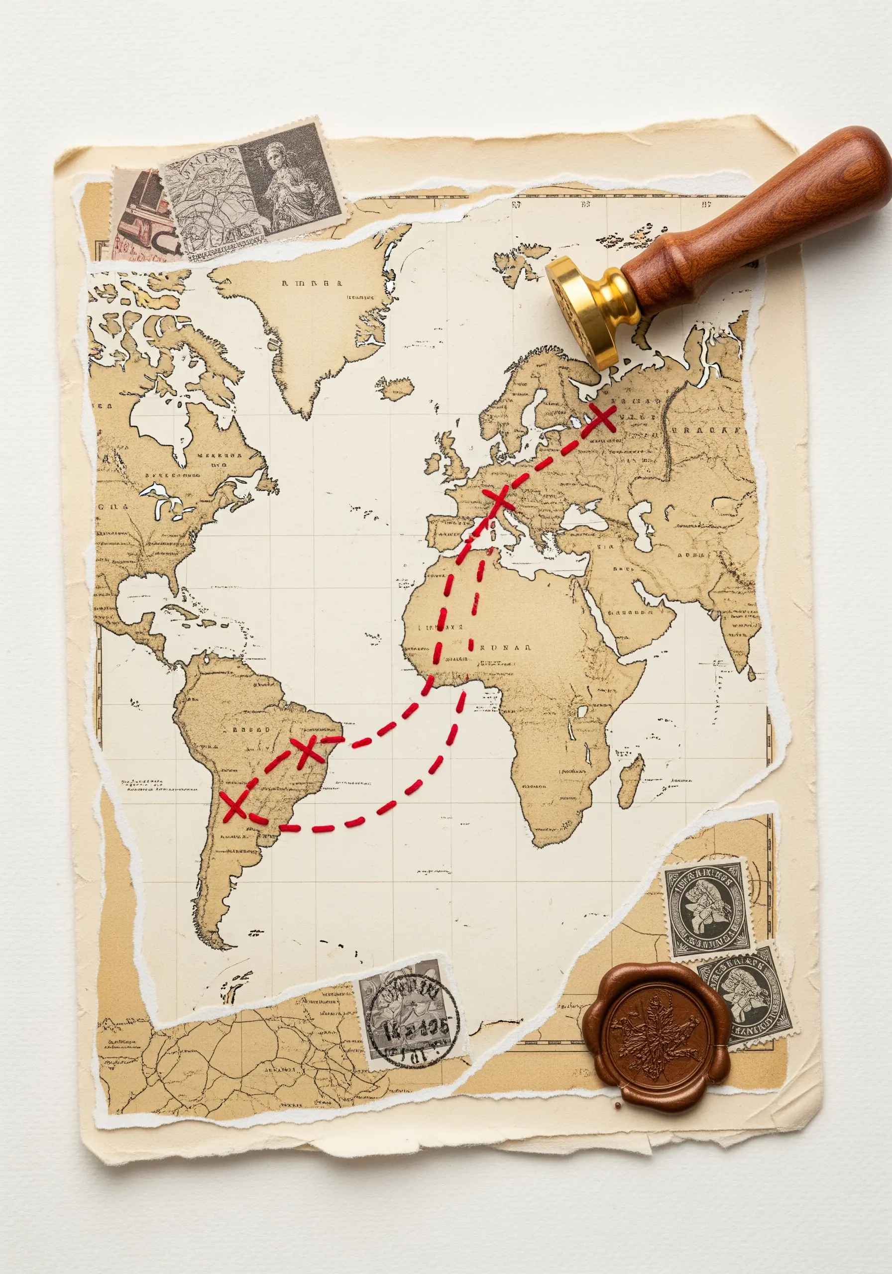 A vintage map collage with a red dashed line stitched across it.