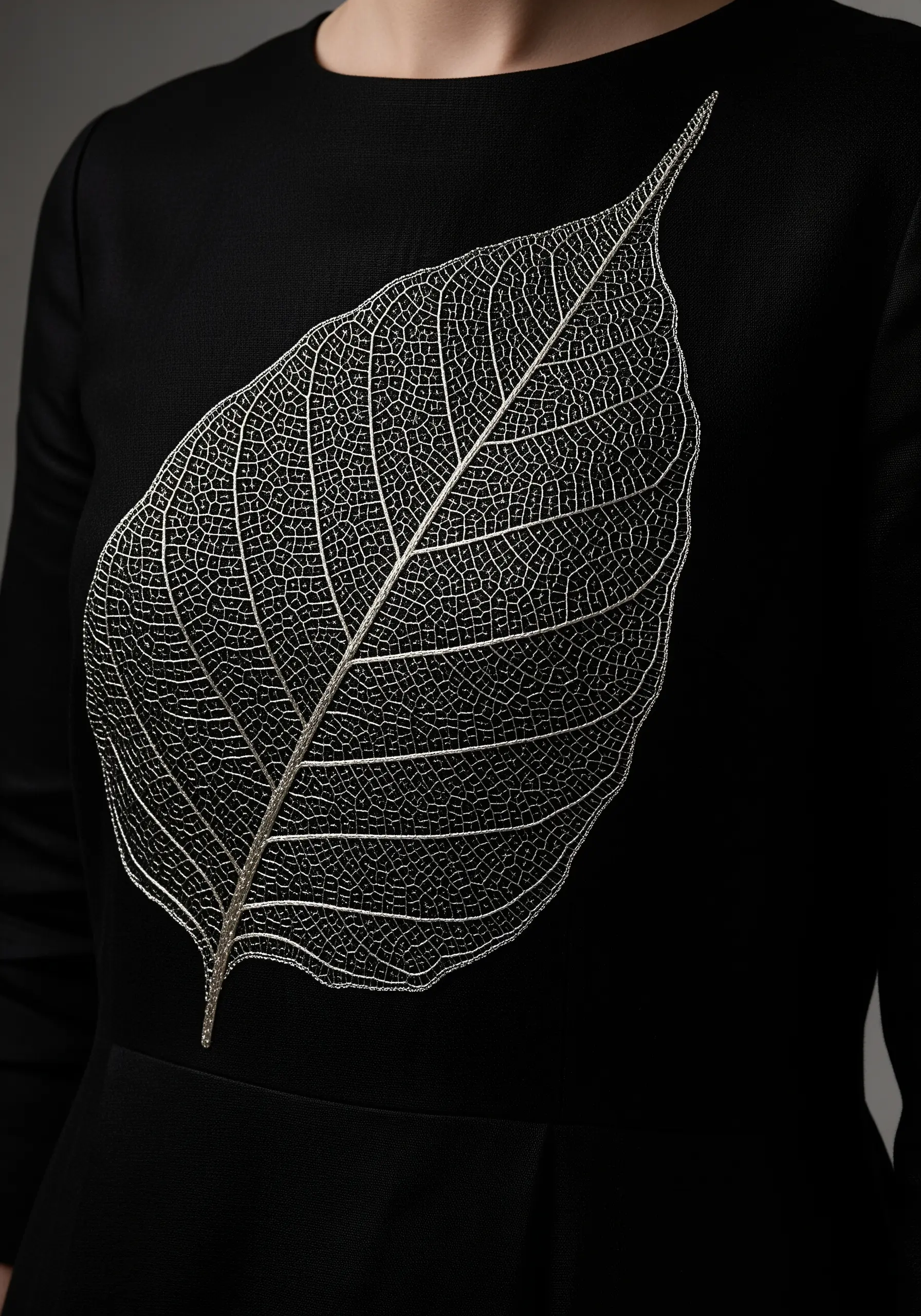 An intricate, large skeletal leaf embroidered in silver thread on a black dress.