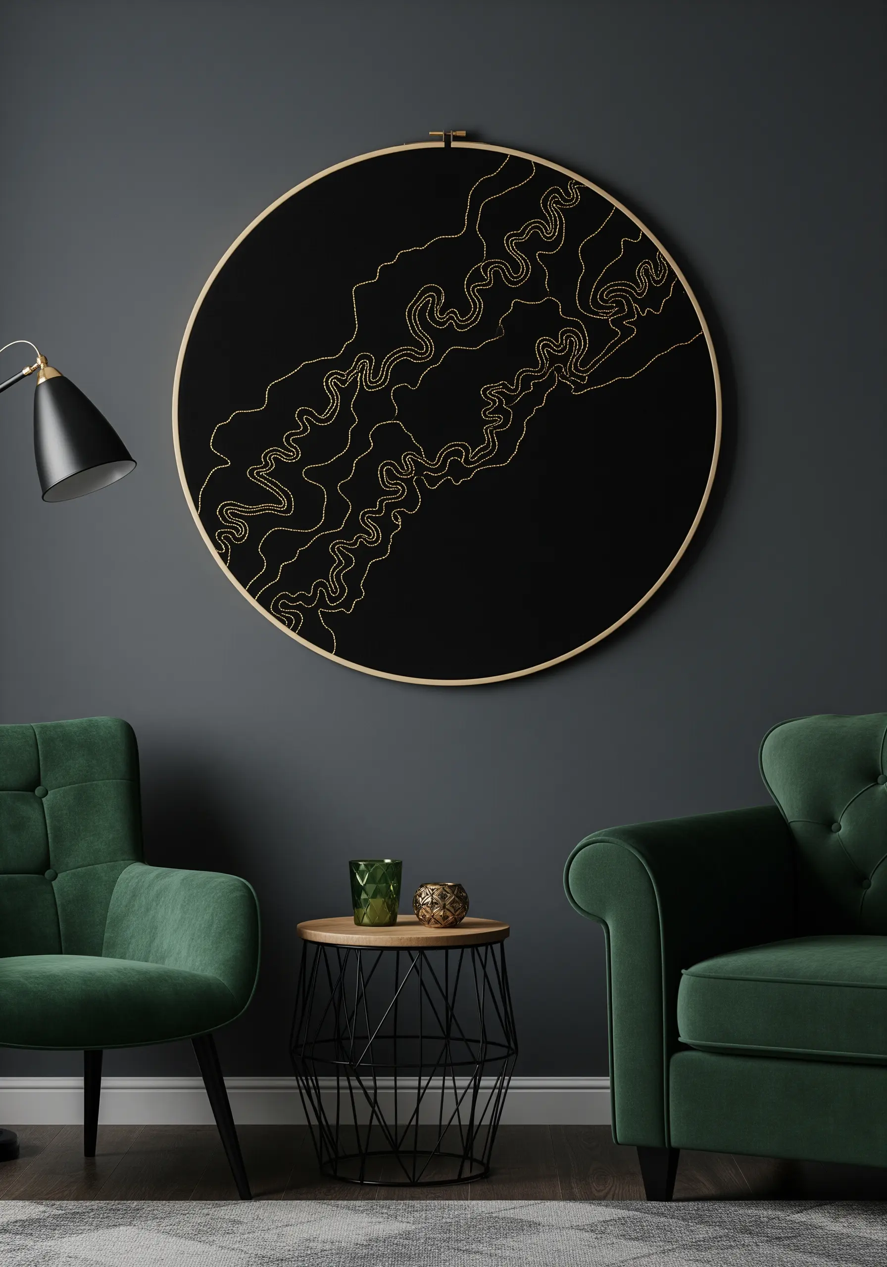 A large black hoop with abstract, meandering lines stitched in gold metallic thread.