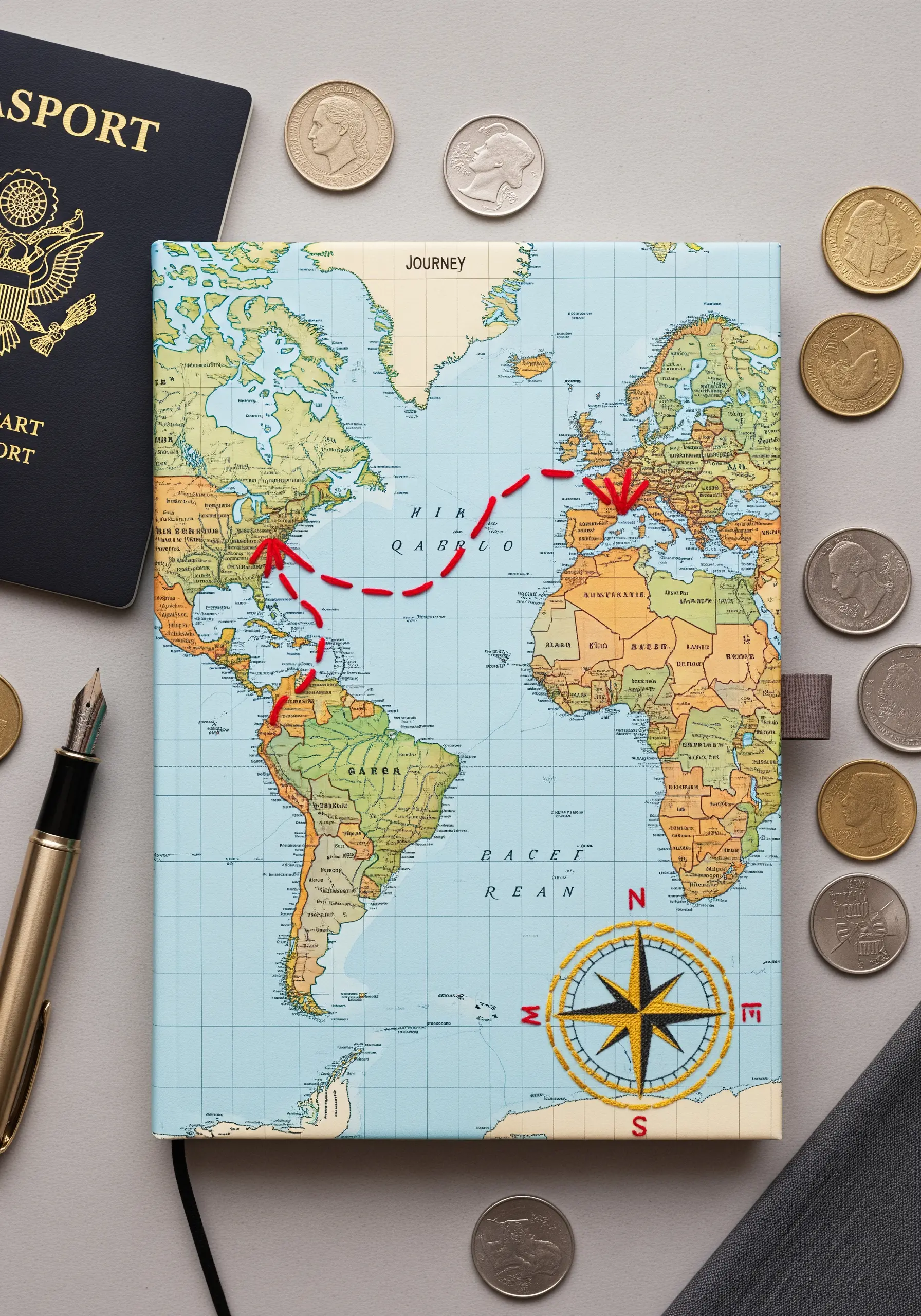 A world map journal cover with a travel route marked in red backstitch.