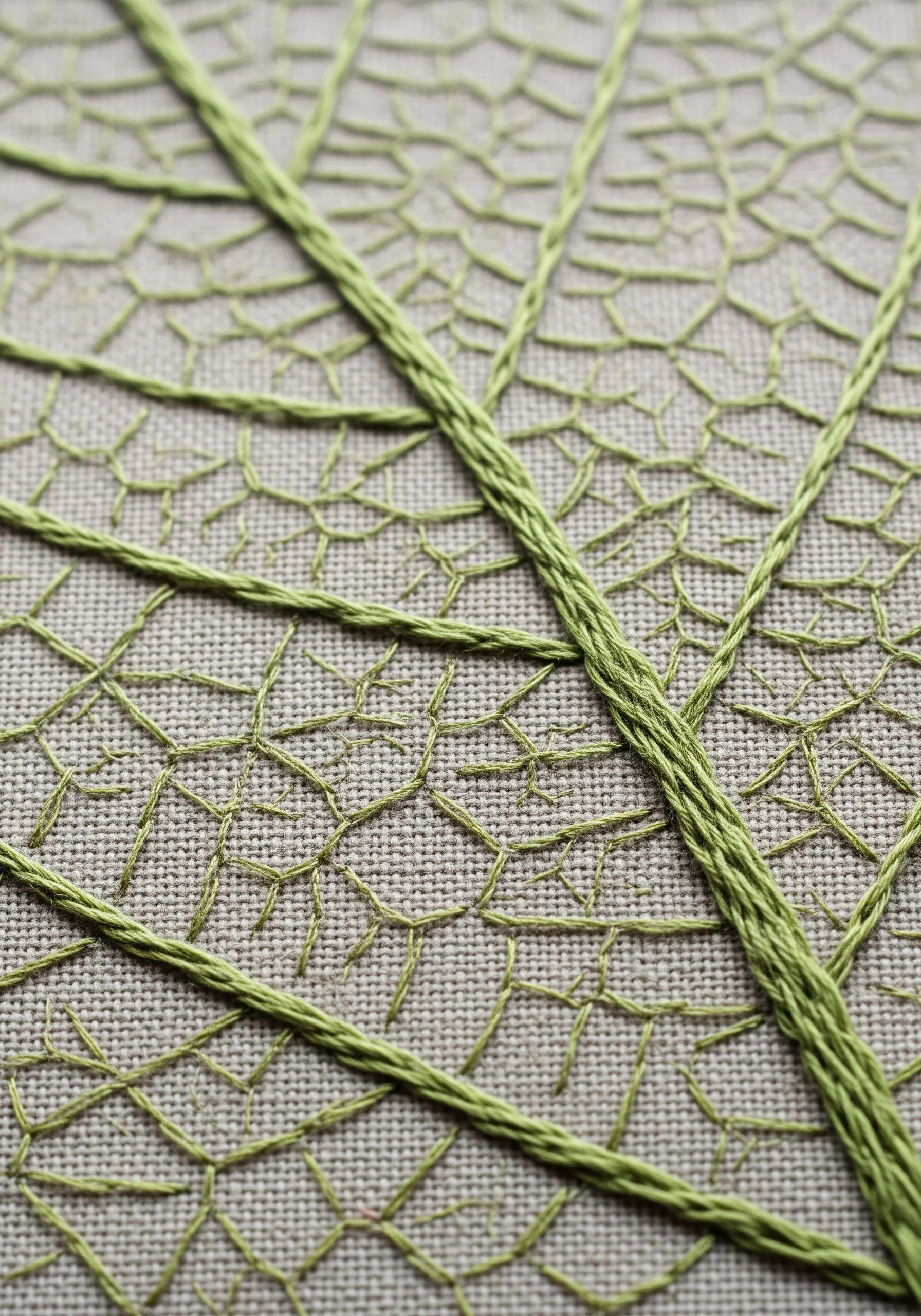 A close-up of a leaf's intricate vein network stitched in green on linen fabric.
