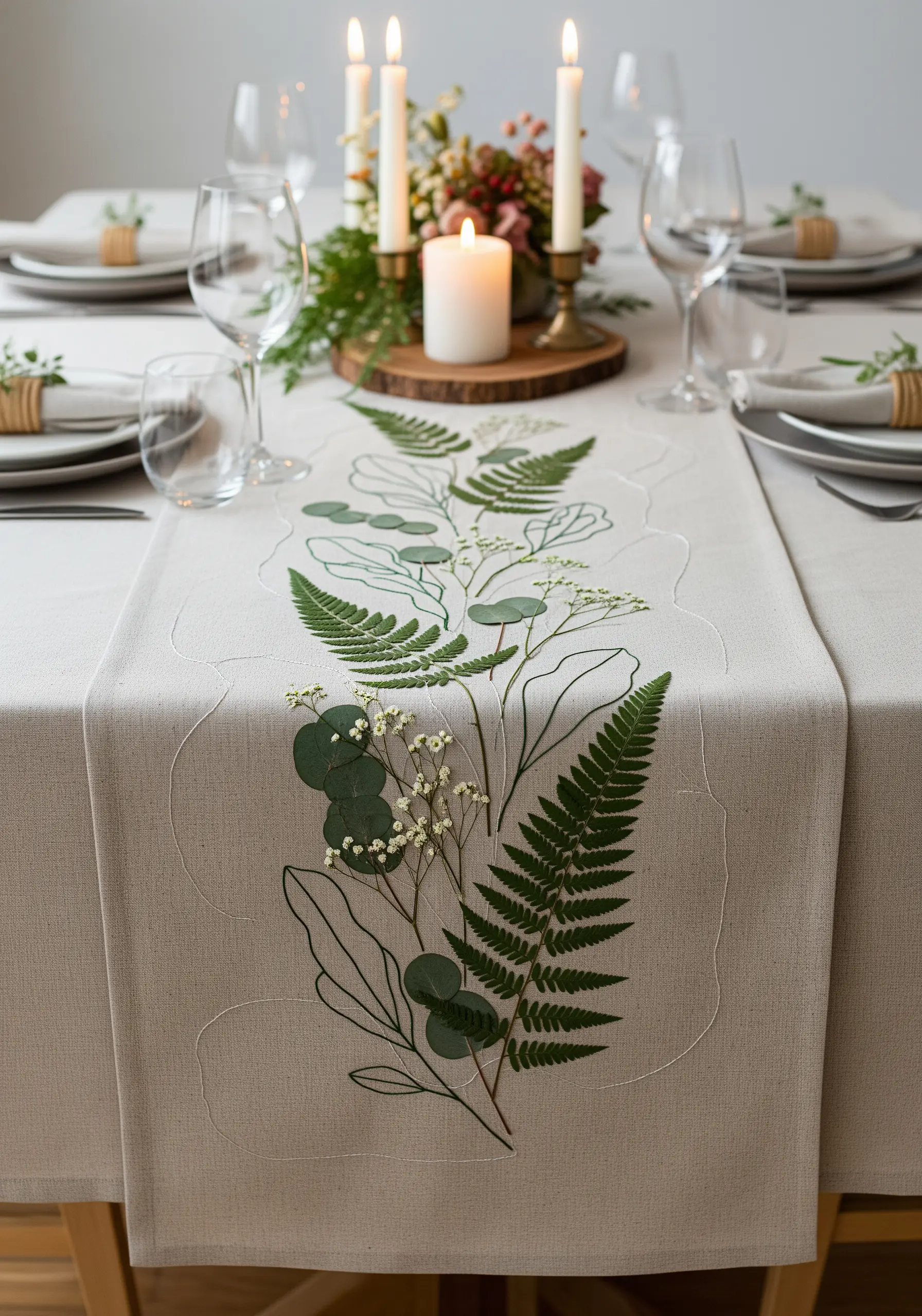 Pressed ferns and eucalyptus on a linen table runner with embroidered outlines.
