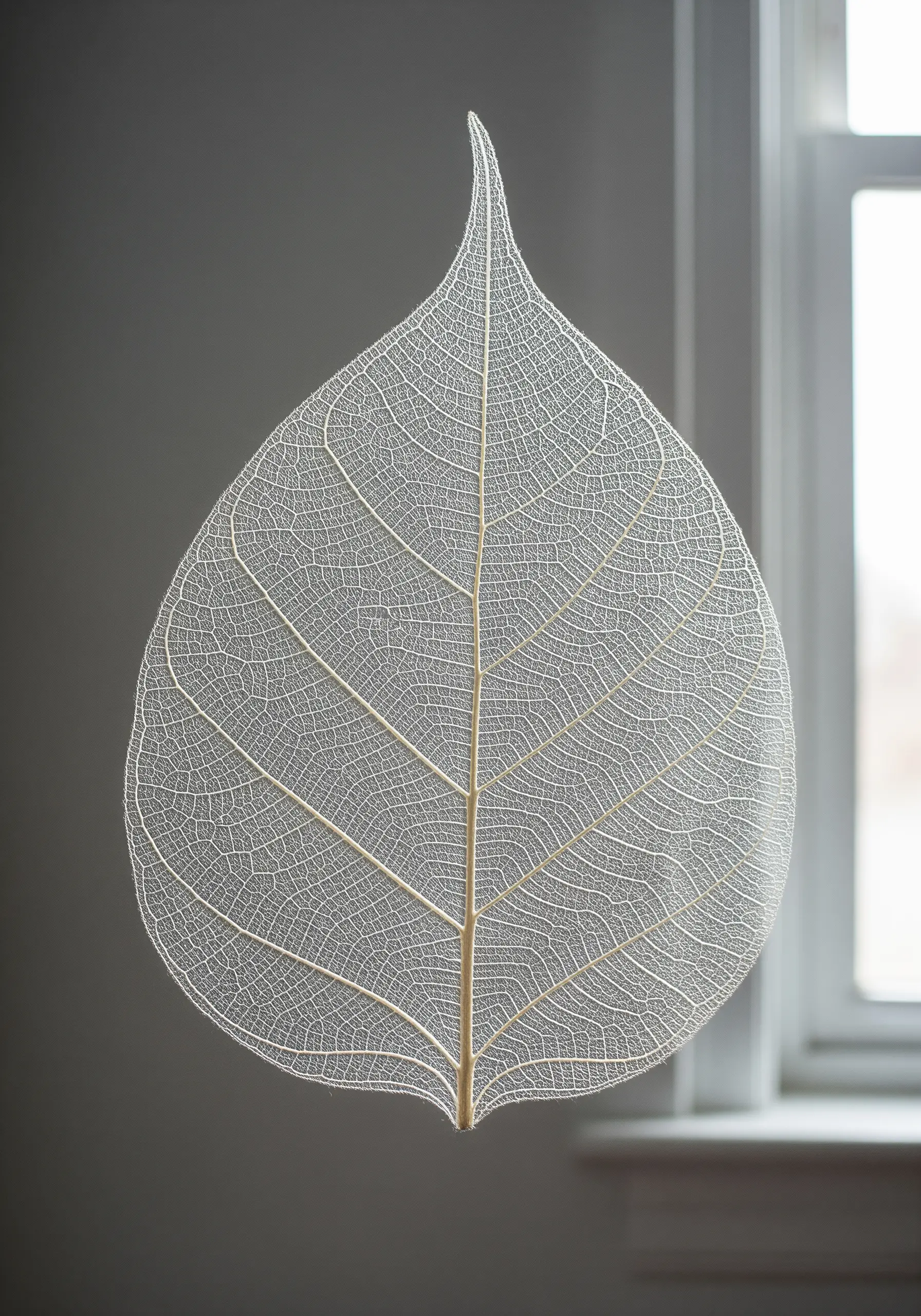 A delicate, translucent skeleton leaf with its intricate vein structure visible.