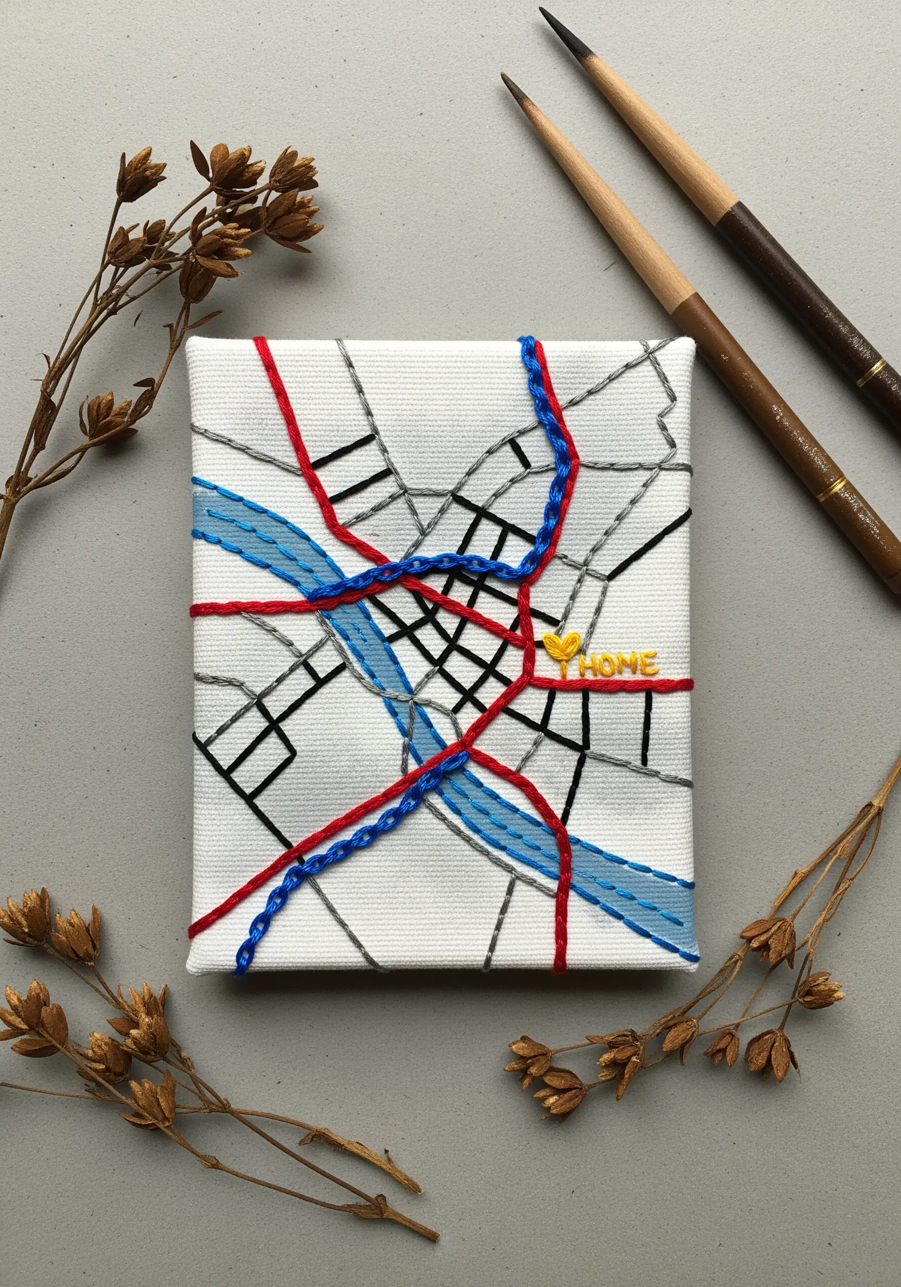 A small canvas with an embroidered map, using chain stitch for rivers and backstitch for roads.