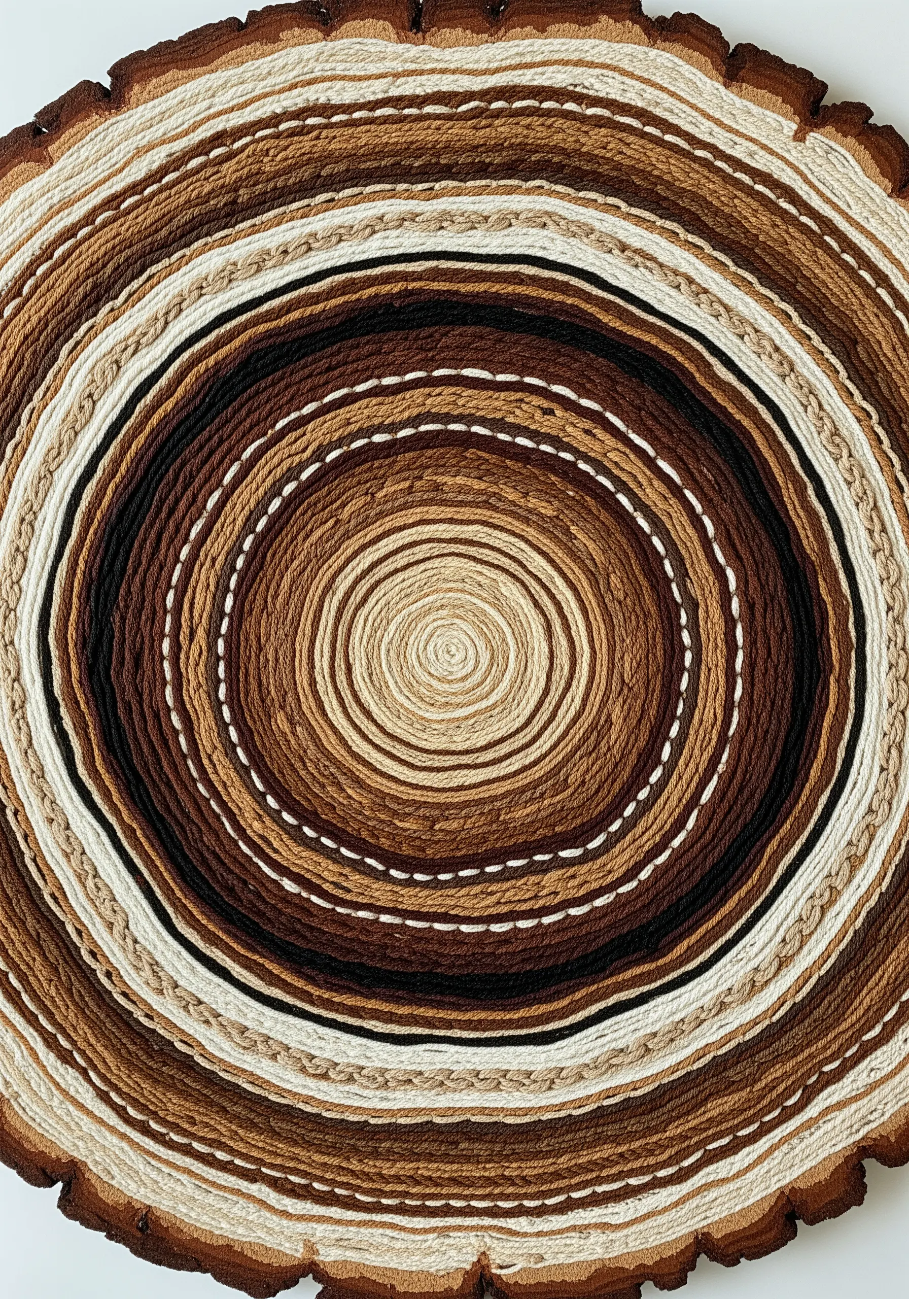 Abstract fiber art piece with concentric circles in brown, black, and cream, resembling tree rings.