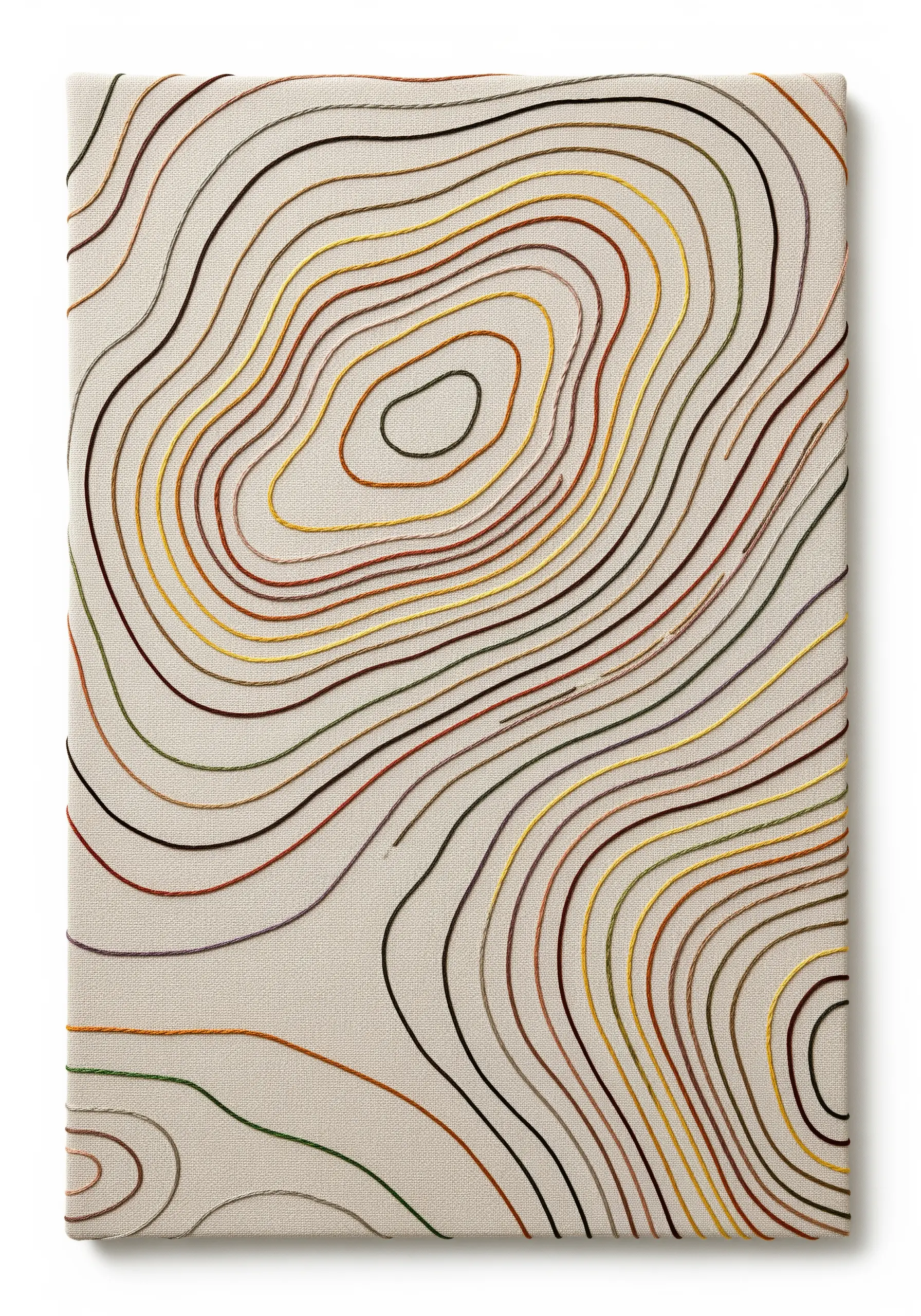 Abstract topographic map embroidery with flowing contour lines in earthy colors on canvas.