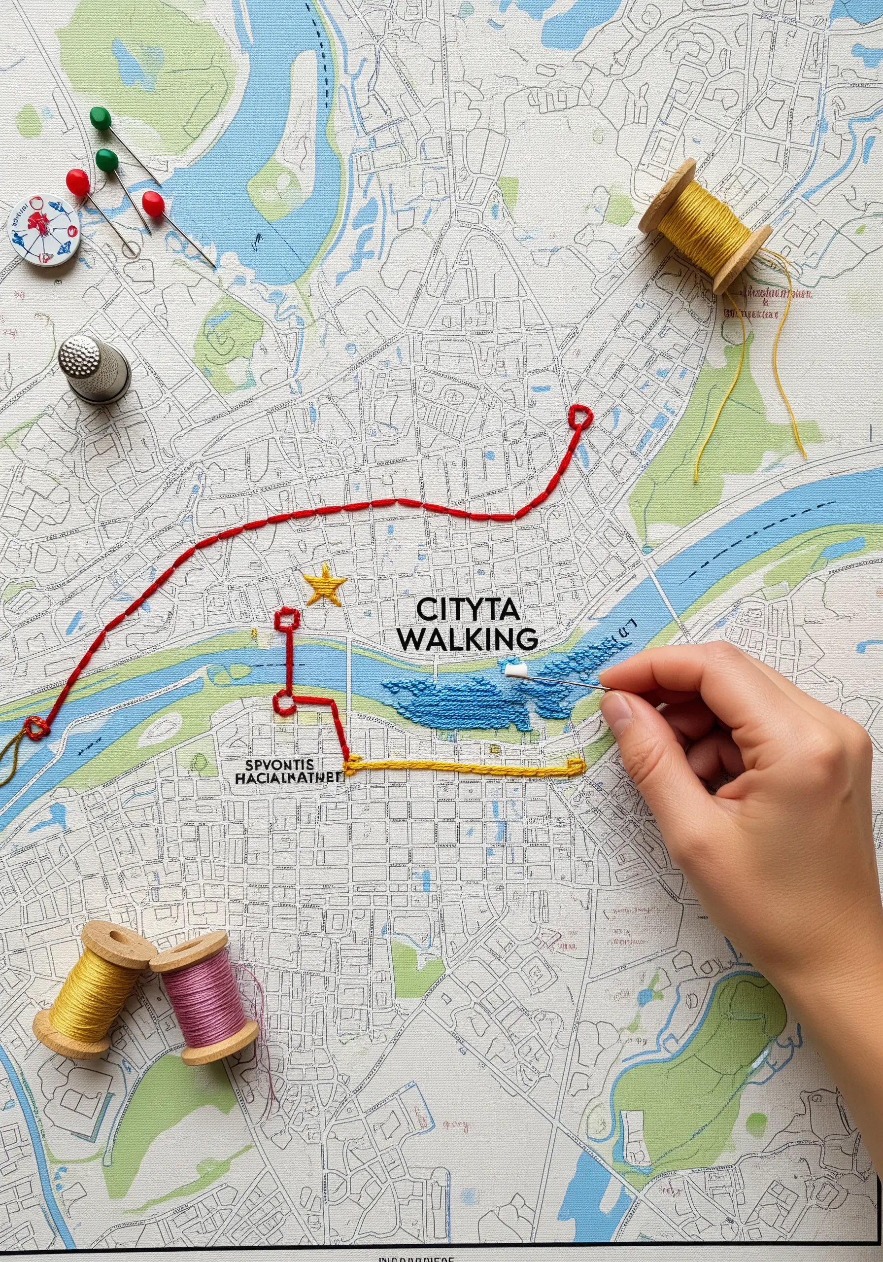 A city map with a travel route marked out in thick red and yellow embroidery thread.