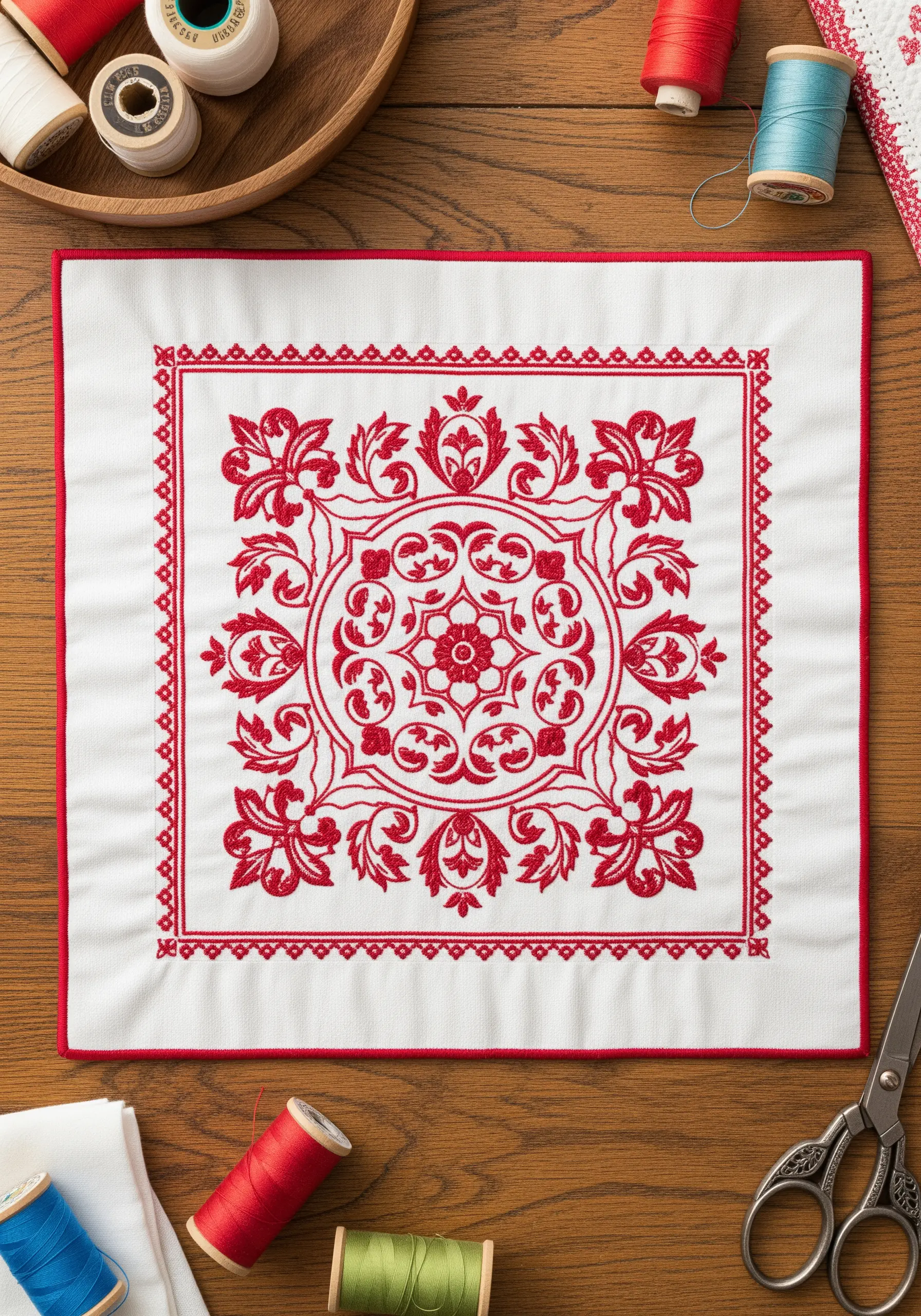 An intricate redwork embroidery pattern resembling a folk art tile design.