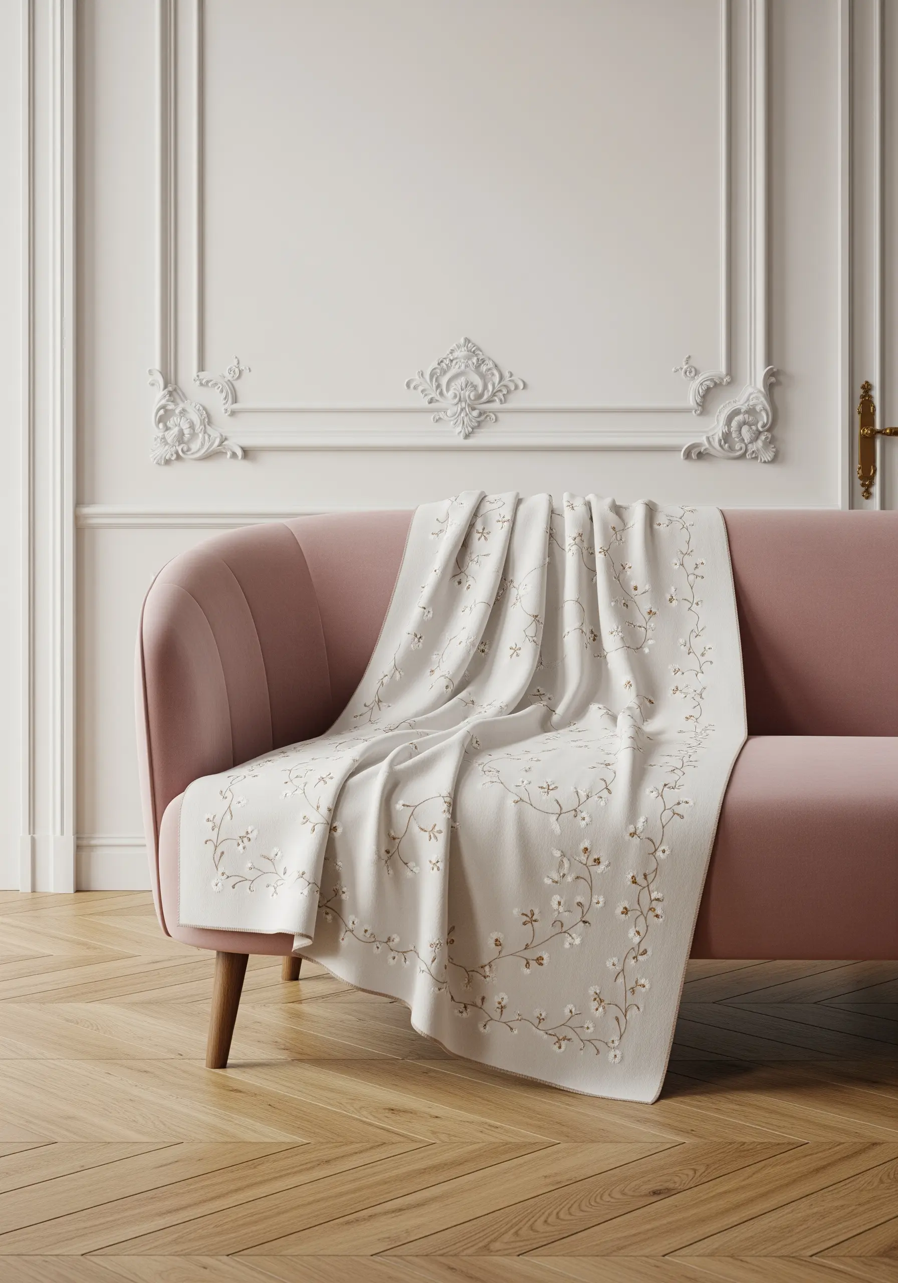 A delicate, trailing floral vine embroidered along the border of an off-white blanket.