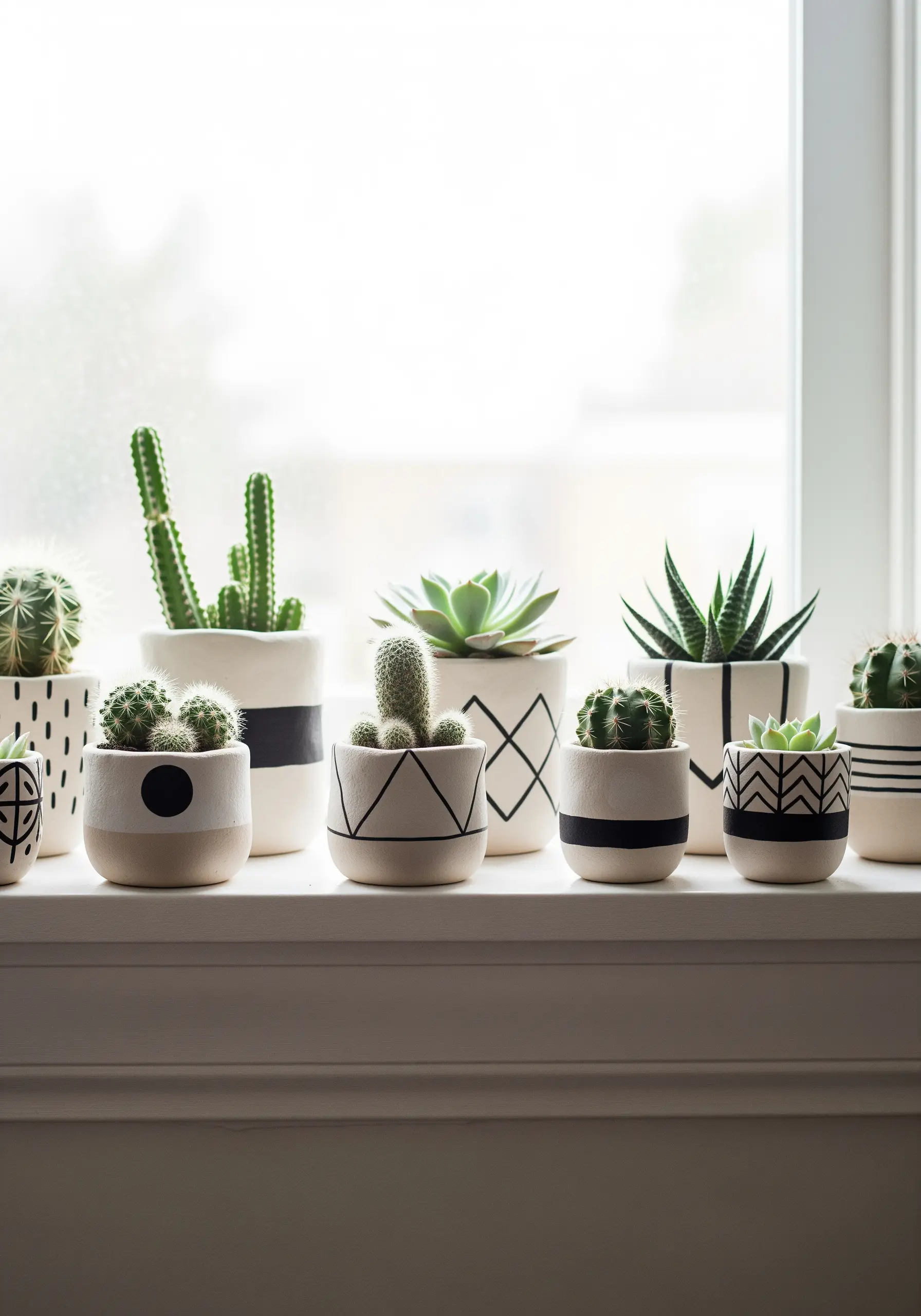 A collection of small ceramic pots with hand-painted black geometric patterns on a windowsill.