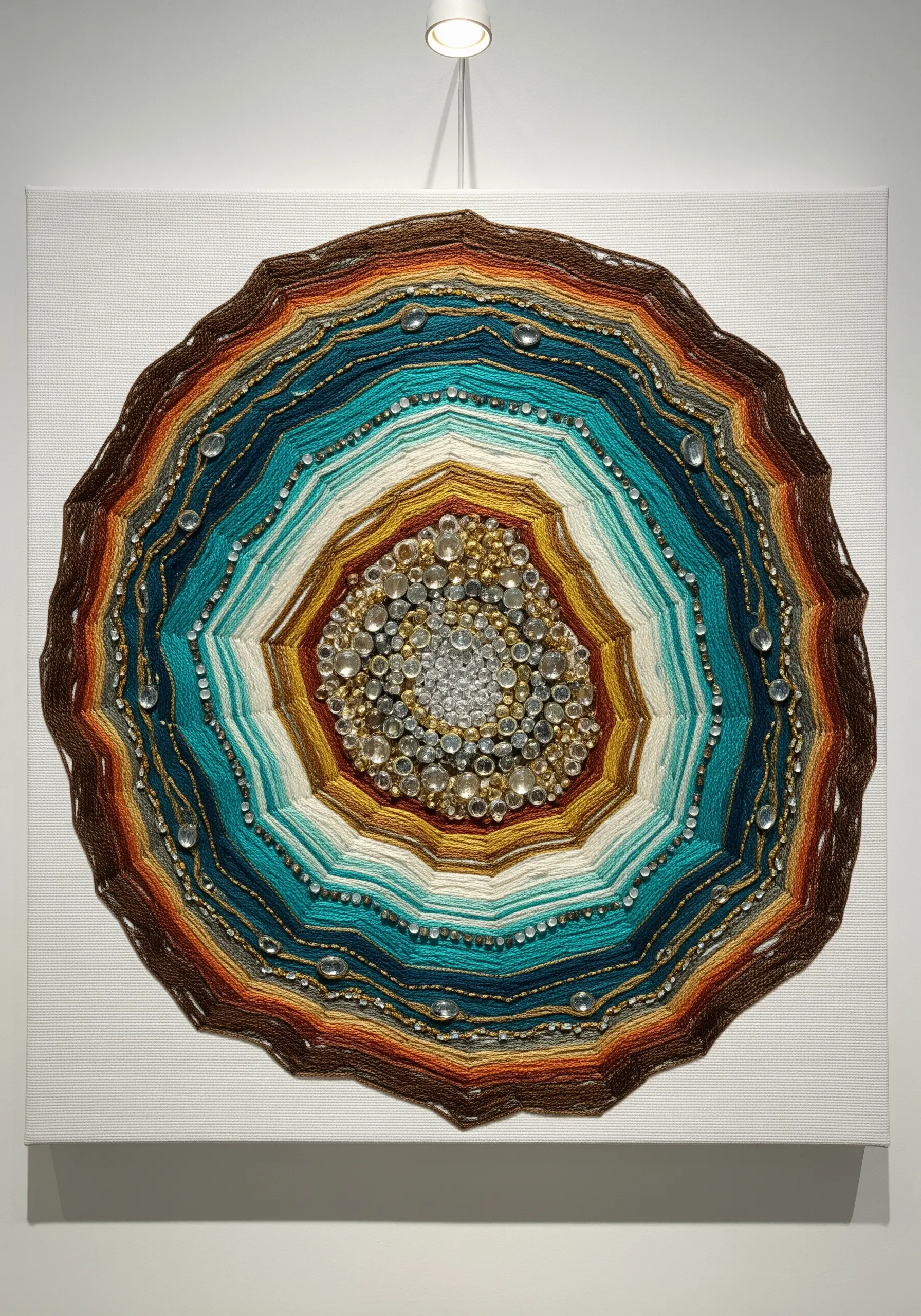 Large canvas wall art with concentric circles of thread, metallic cord, and beads.