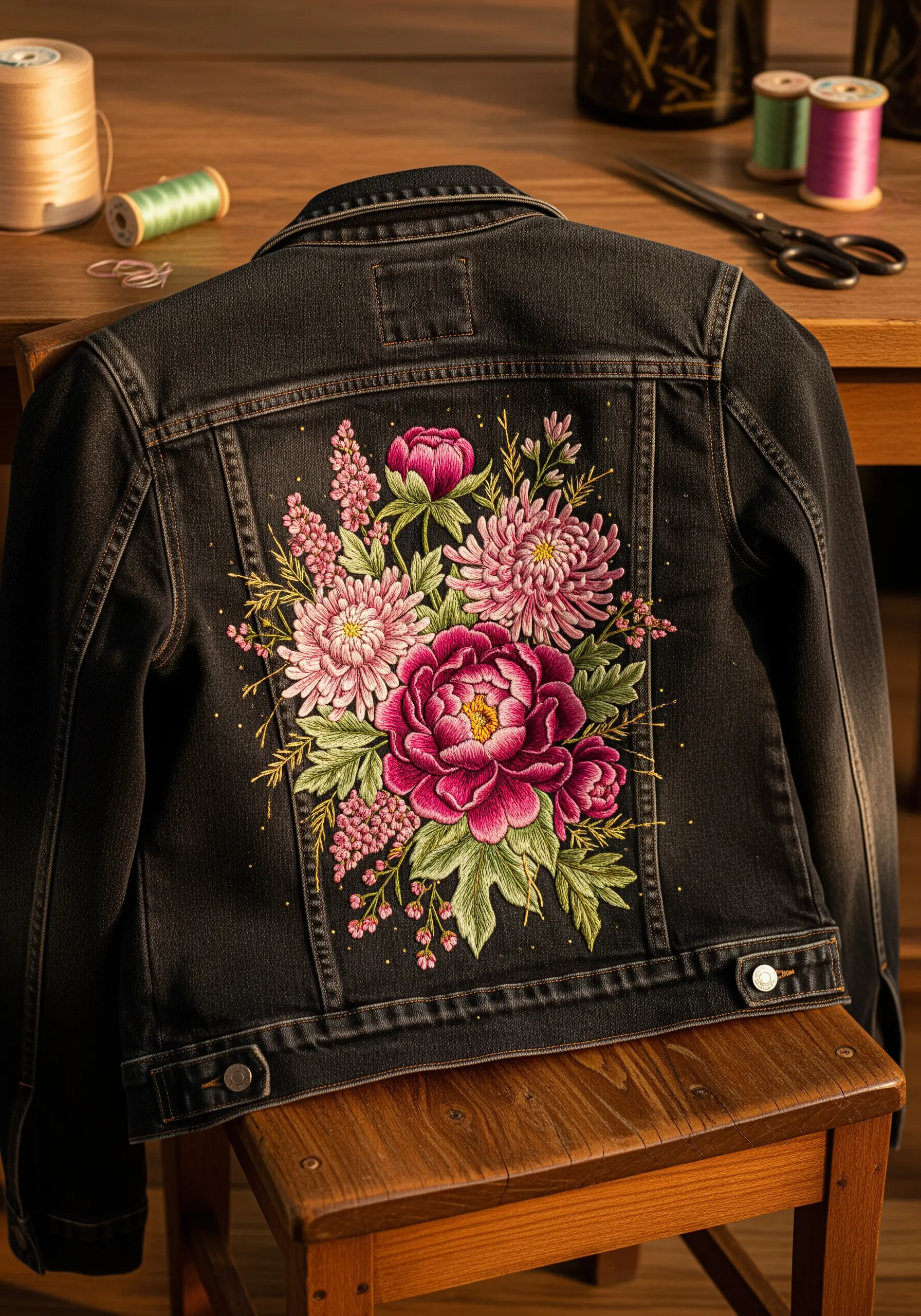 Detailed floral embroidery in pink and green on the back of a black denim jacket.