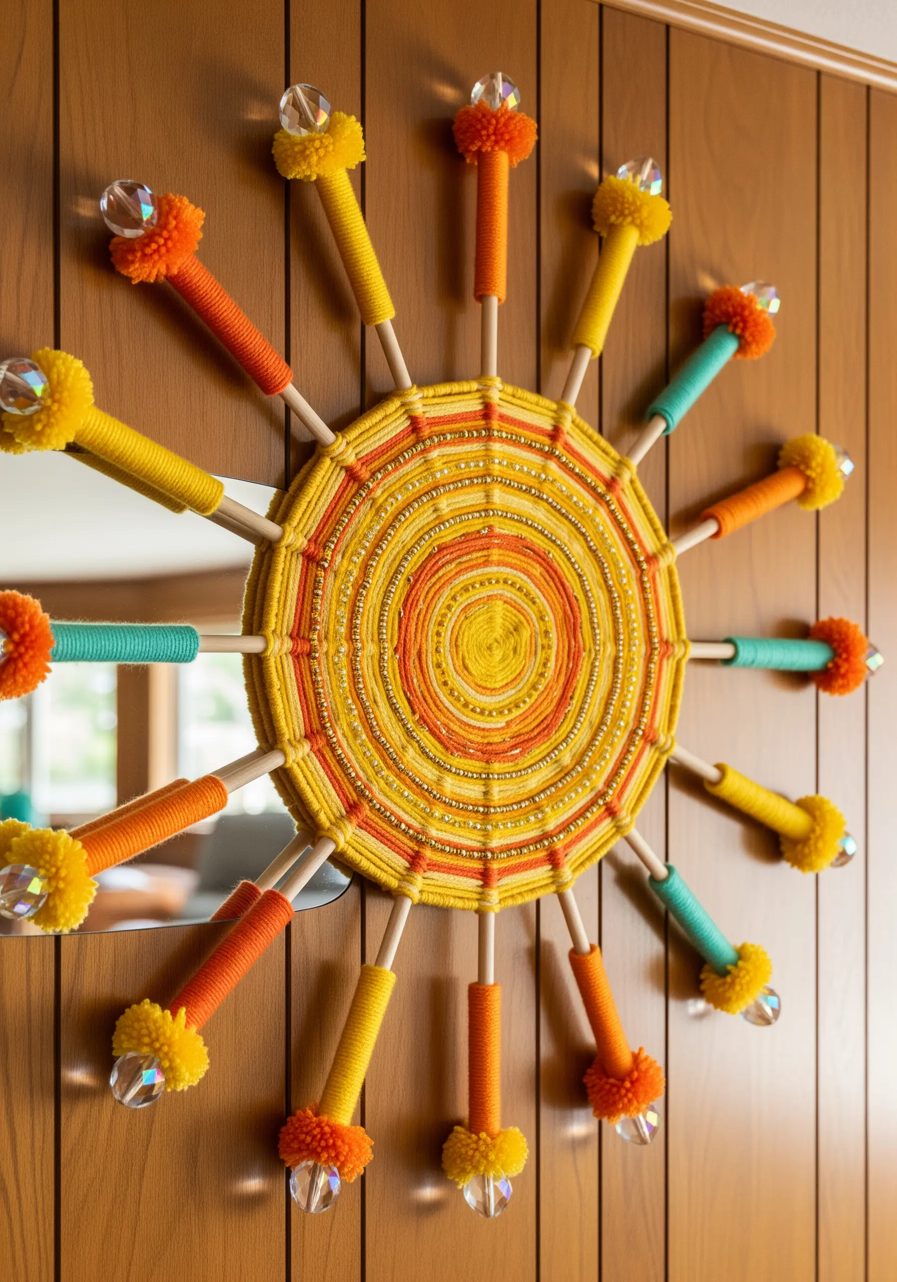 A sunburst mirror framed with wrapped yarn, beads, and dowel rods topped with pom-poms and crystals.