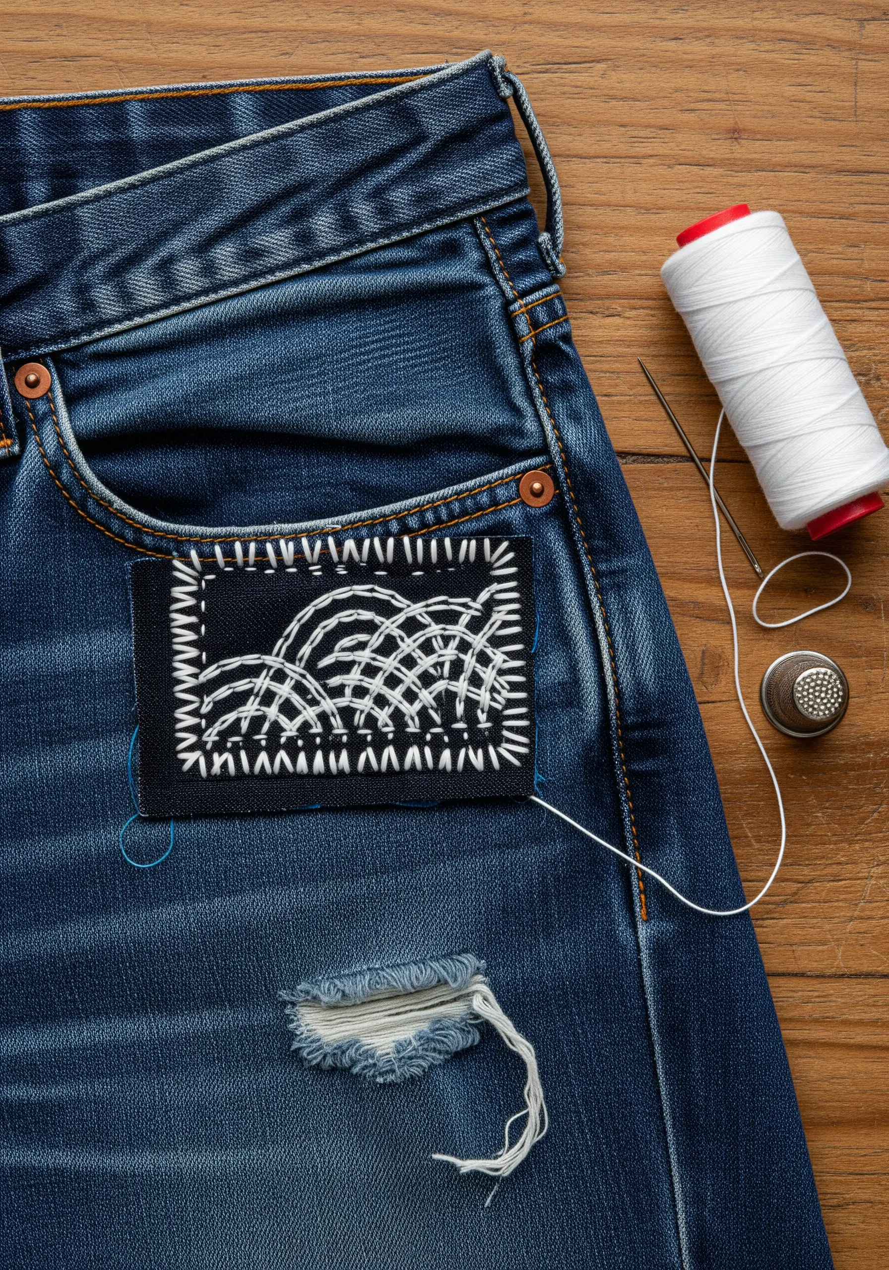 A dark denim patch with abstract white running stitches being sewn onto a pair of jeans