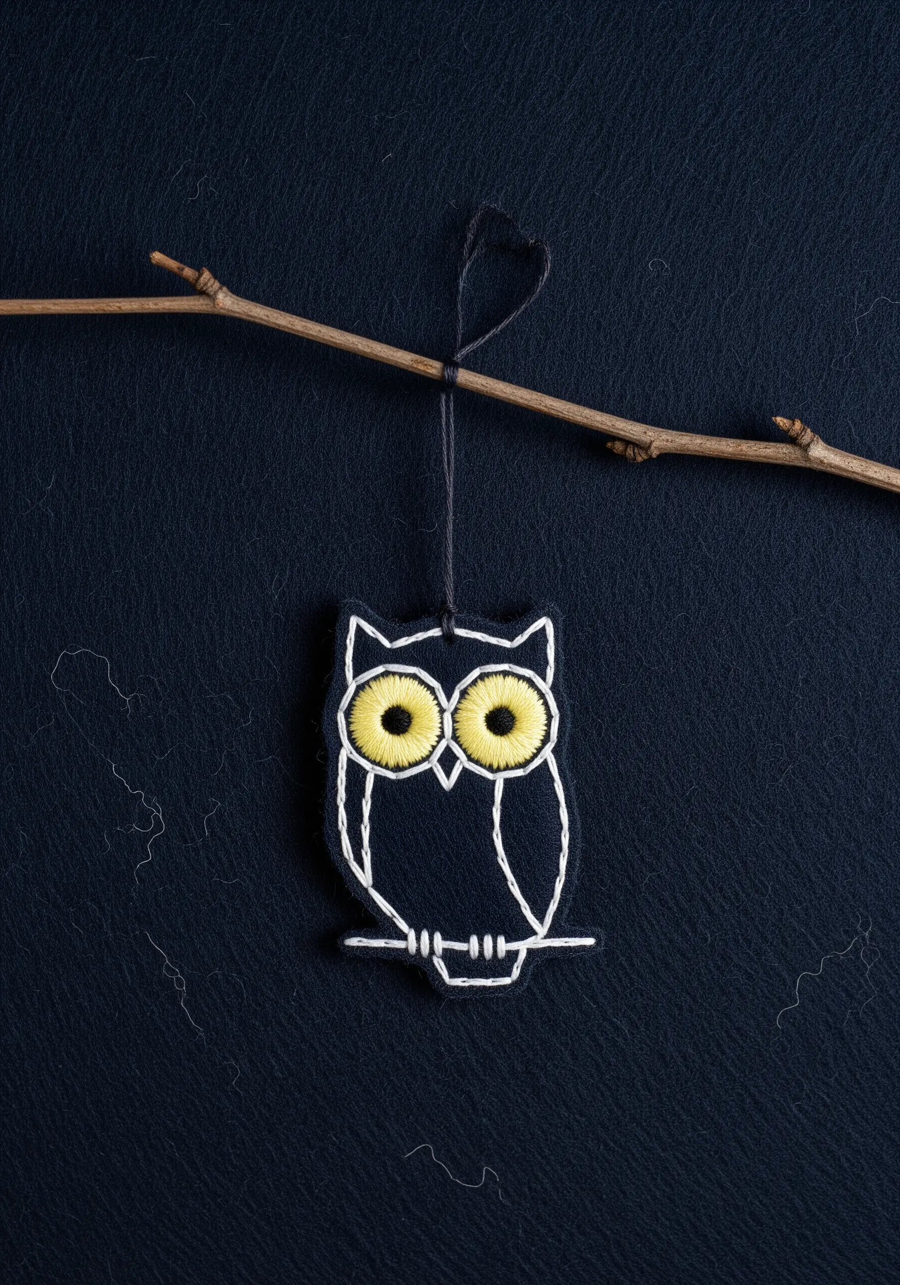 An embroidered owl on black felt, cut out and hanging from a twig as an ornament.