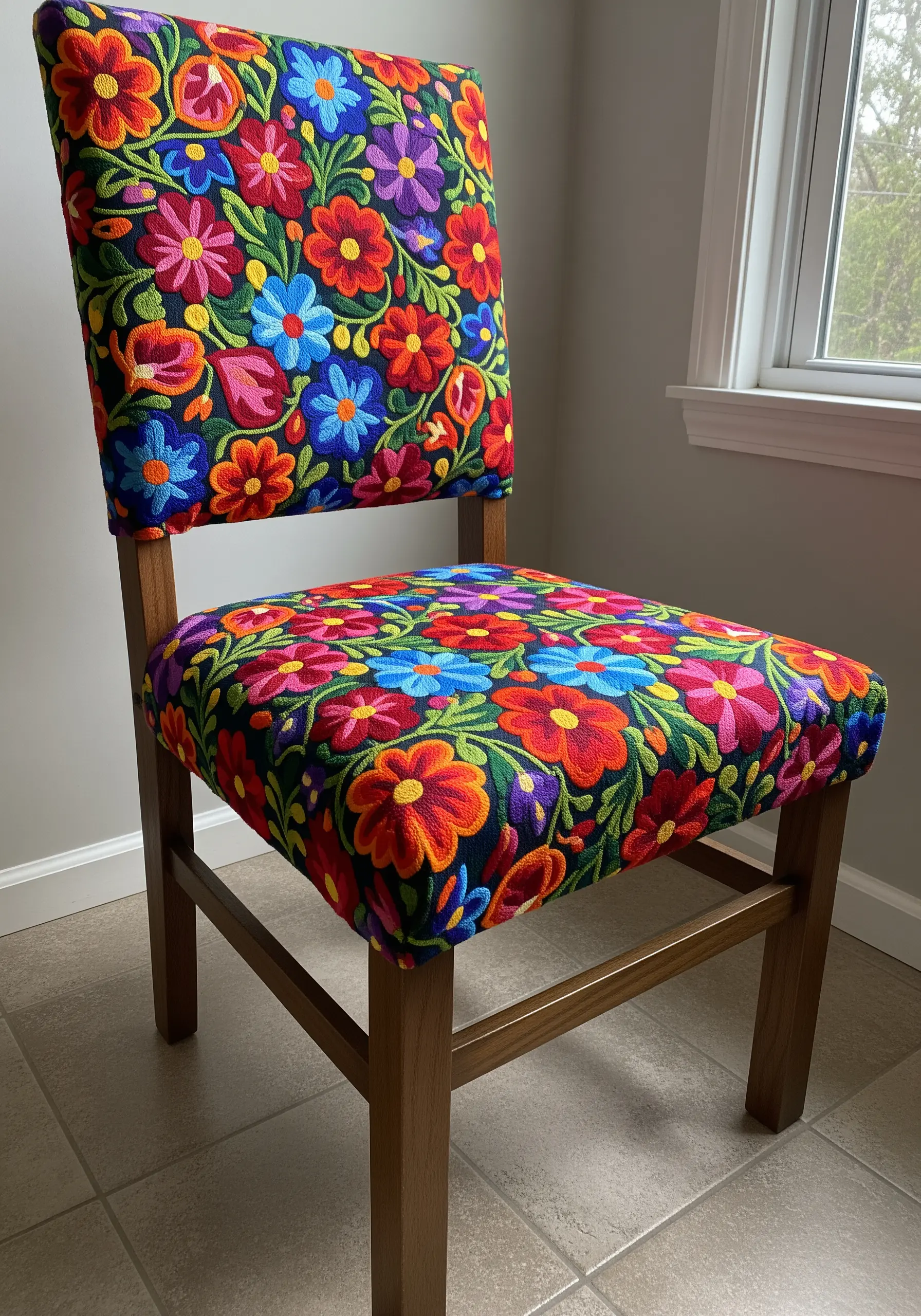 A dining chair completely upholstered in fabric with a dense, colorful floral embroidery pattern.