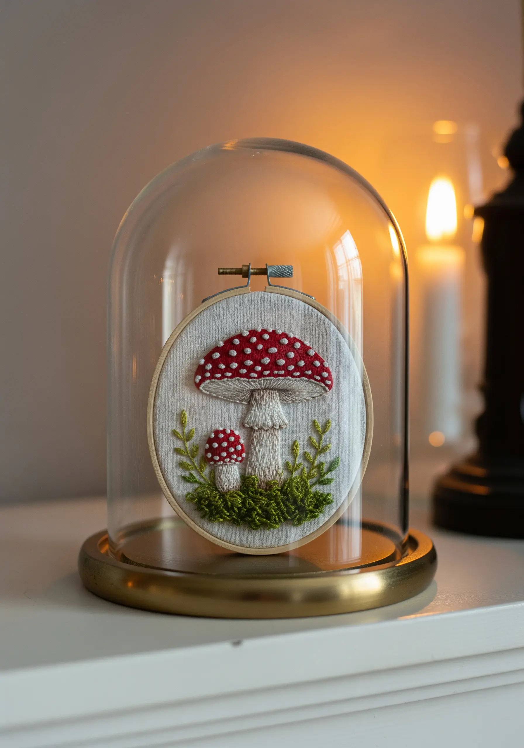 An embroidered mushroom hoop displayed as a 3D object under a glass cloche.