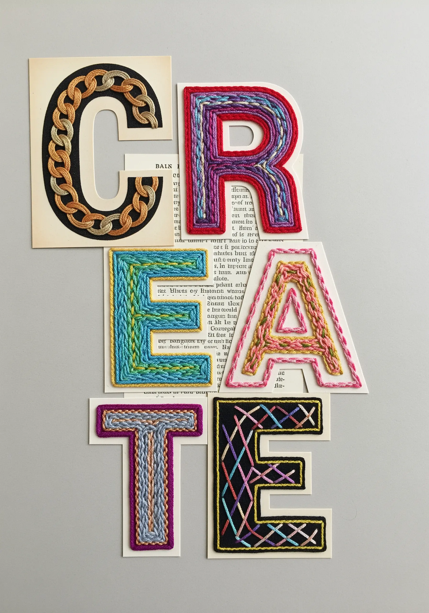 The word 'CREATE' spelled with paper letters filled with various colorful stitches.