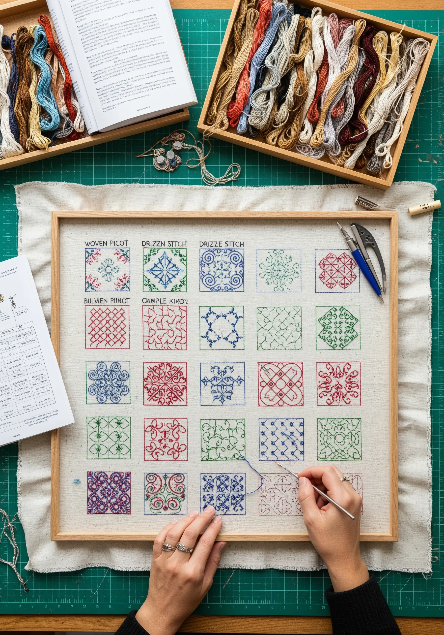 An embroidery sampler with a grid of different stitch patterns being worked on a table.