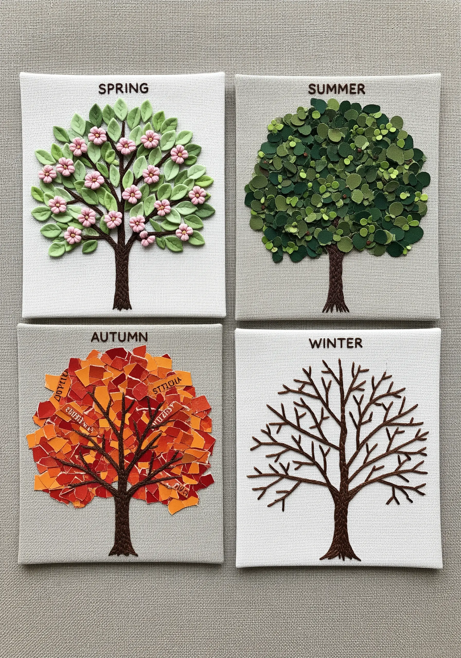 Four seasonal trees, progressing from 3D collage in spring to pure embroidery in winter