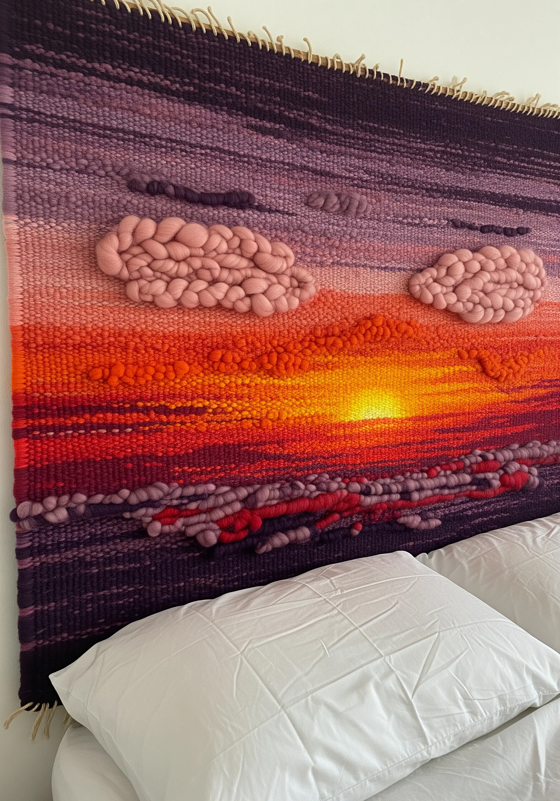 A large woven tapestry depicting a sunset with 3D roving clouds, hung above a bed as a headboard.